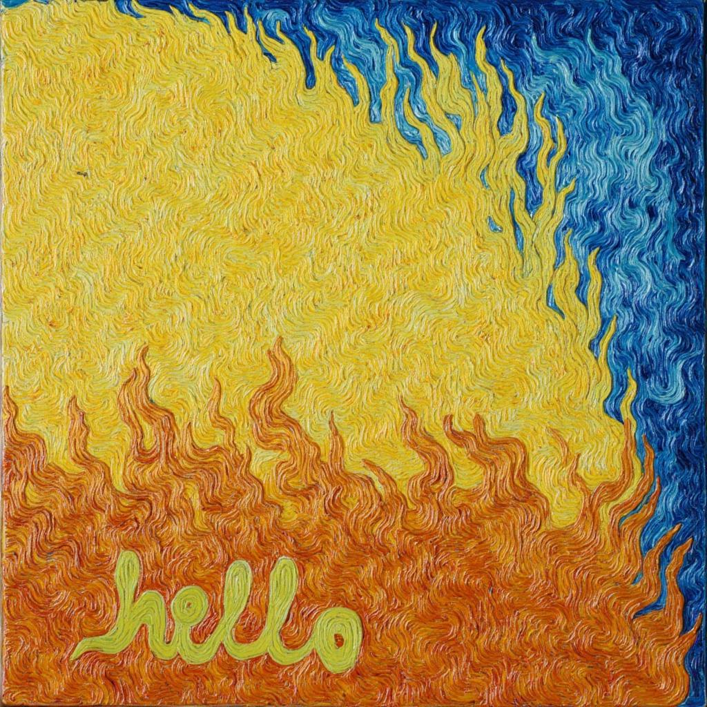 van_gogh, Enriched prompt: Picture a vibrant and compelling wall-art painting that captures the essence of a simple yet evocative greeting, centered around the word "hello". This artwork features intense color and dynamic brushwork, drawing inspiration from a style known for its bold, expressive compositions. The canvas is alive with vivid, rich colors applied in thick, impasto layers, which create a profound sense of movement and emotional depth. The artist has skillfully employed bold complementary color contrasts, such as blue and orange, or yellow and purple, to heighten the visual impact and intensity of the artwork.

The brushstrokes are loose, energetic, and seem to swirl across the canvas, forming curly, flame-like patterns that lend a rhythmic, almost pulsating quality to the scene. There is a dynamic touch to the piece, with vigorous, linear patterns that exude motion and life. This aesthetic is infused with raw emotion and a sense of urgency, making the painting both deeply personal and universally compelling. Ideal for wall-art, this crisp, clean composition is perfectly centered, ensuring it becomes a focal point, radiating warmth and welcome to any space it's displayed in.