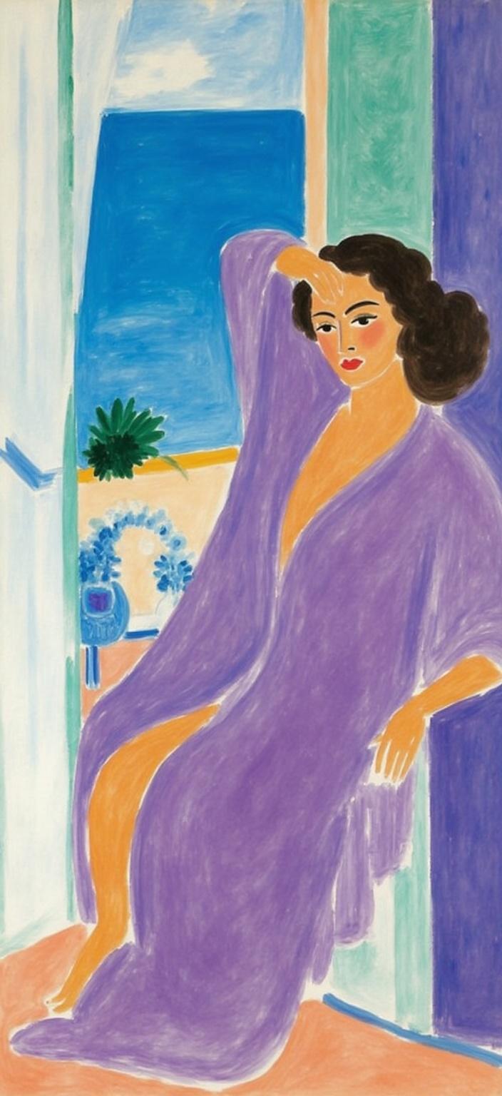 mattise_nice, Create a captivating digital wallpaper featuring a serene scene inspired by the "Matisse in Nice" style. The central figure is a woman adorned in a luxurious, flowing purple robe, exuding elegance and tranquility. She is positioned by an open window, through which a gentle breeze flows, subtly playing with her robe's fabric. The window reveals a glimpse of the azure Mediterranean sea and sky, mirroring the vibrant color palette characteristic of Matisse's time in Nice. Sunlight pours into the room, casting soft, warm shadows that dance across the walls, accentuating the simple yet bold shapes and lines that define the style. The composition is delicately balanced to create a crisp, clean look, perfectly suited for a digital wallpaper that transforms any space into a gallery of artistic grace.