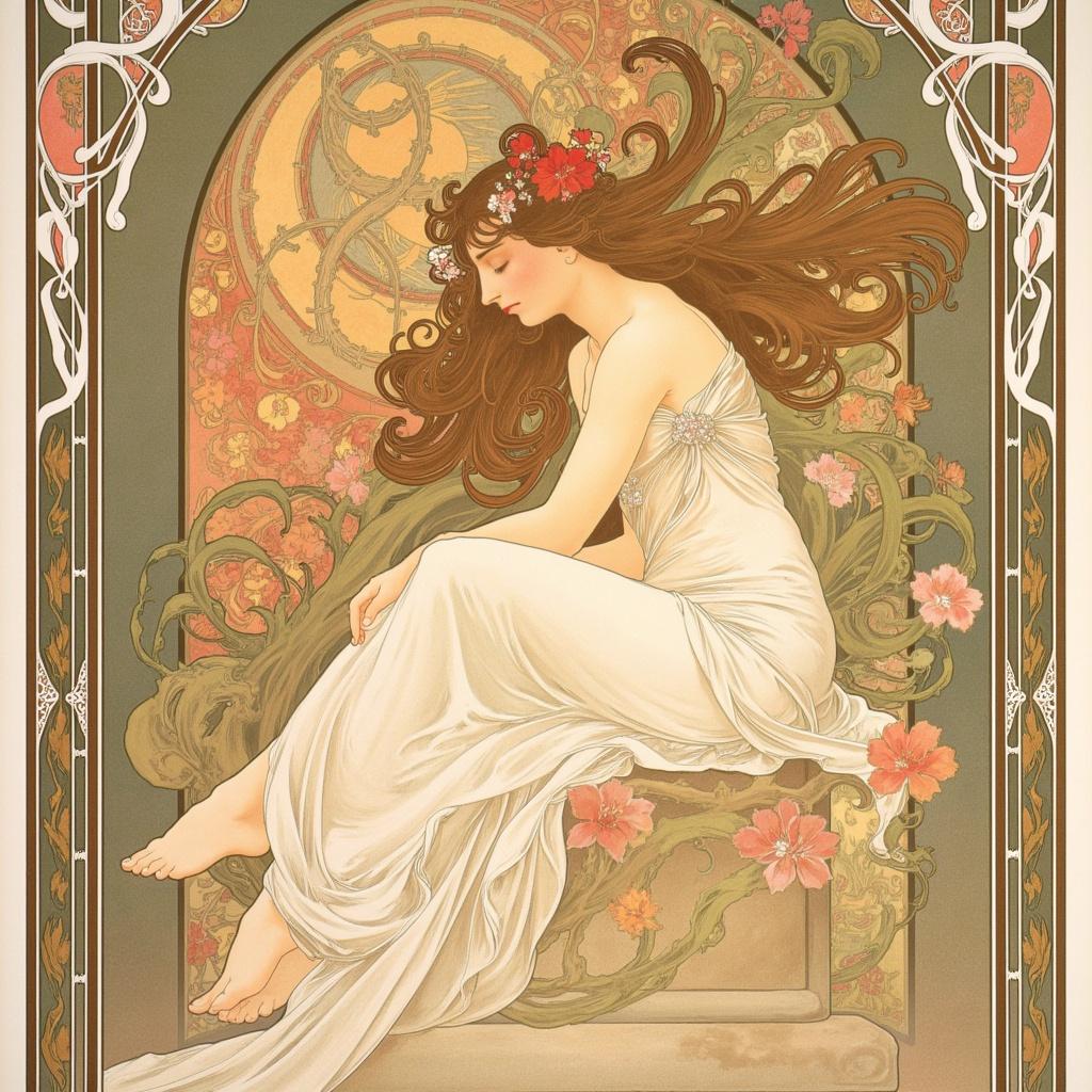 mucha, Enriched prompt: The painting features a beautiful woman seated gracefully at the heart of the composition, exuding elegance and serenity. Her flowing hair, cascading like silk, is interwoven with intricate decorative patterns of vines and delicate flowers, creating a sense of movement and vitality. Her gown, composed of soft, flowing fabrics, is adorned with a harmonious blend of natural motifs, including blooming flowers and celestial elements, evoking a sense of romance and ethereal beauty.

The background is a highly stylized tapestry of colors and forms, drawing inspiration from the Art Nouveau style characterized by flowing, organic lines. Encompassing the composition is an elaborate ornamental frame, reminiscent of a grand Gothic window, its sweeping curves embellished with organic patterns, flowers, and celestial symbols. This intricate border serves not only as a visual unifier but also as a gateway into a dreamlike realm where nature and human emotion intertwine in poetic harmony.

Delicate colors, including pastels and rich earth tones, permeate the scene, adding depth and refinement. The woman's serene expression and the subtle interplay of light and shadow on her features contribute to the painting's dreamlike, romantic aesthetic. This art piece is meticulously crafted to be centered, ensuring a crisp, clean look, perfectly suited for printing as exquisite wall art.