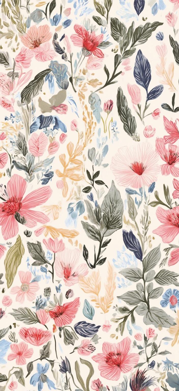 colorful_illustration, Enriched prompt: A captivating close-up painting of cherry blossoms delicately cascading in the breeze, capturing the gentle elegance of nature. The blossoms, in soft shades of pale pink and white, are portrayed with a minimalist design, yet exude a sense of dynamic movement and playful charm. Inspired by both a vibrant and colorful illustration style and a lavish, decorative aesthetic, the painting radiates a hand-drawn feel that harmonizes bold organic shapes with exquisite details. The background is adorned with a delightful array of organic shapes, scattered decorative elements, and various leaves and floral motifs that weave across the canvas in a symphony of color and form. Intricate ornamental elements like dots, swirls, and abstract motifs interlace amidst the blossoms, creating a luxurious layering that adds depth and motion to the scene. This composition, reminiscent of Scandinavian folk art and mid-century botanical prints, delivers a harmonious and free-flowing quality that's perfect for a digital wallpaper, ensuring a crisp and clean look suitable for printing and bringing a breath of fresh natural beauty into any space.
