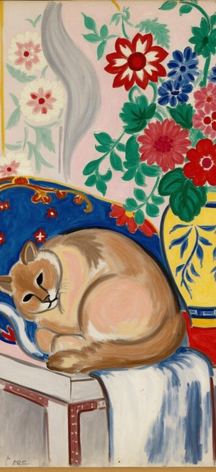 mattise_nice, Title: "Serenity on the Couch"

Enriched prompt: In this captivating digital painting, the essence of Matisse's "in Nice" style imbues the scene with vibrant colors and bold patterns. At the center is a charming and fluffy cat, lounging gracefully on a sumptuous couch. The cat's soft fur glistens with a spectrum of warm hues, each brushstroke capturing its gentle, content demeanor. Positioned next to the feline is an elegantly crafted vase, painted with intricate patterns reminiscent of Matisse's love for decorative elements. The vase holds a bouquet of wildflowers, their petals exploding with vivid, contrasting colors that echo the Mediterranean influence of Nice.

This harmonious composition is set against a backdrop of abstract shapes and fluid lines, typical of Matisse's work during his time in the French Riviera. The scene is bathed in natural light, casting soft shadows that enhance the textures and details. Every element of the painting is meticulously balanced, ensuring a crisp and clean presentation, perfect for a digital wallpaper. Whether viewed on a screen or printed, this artwork promises to bring a touch of classic elegance and warmth to any space.