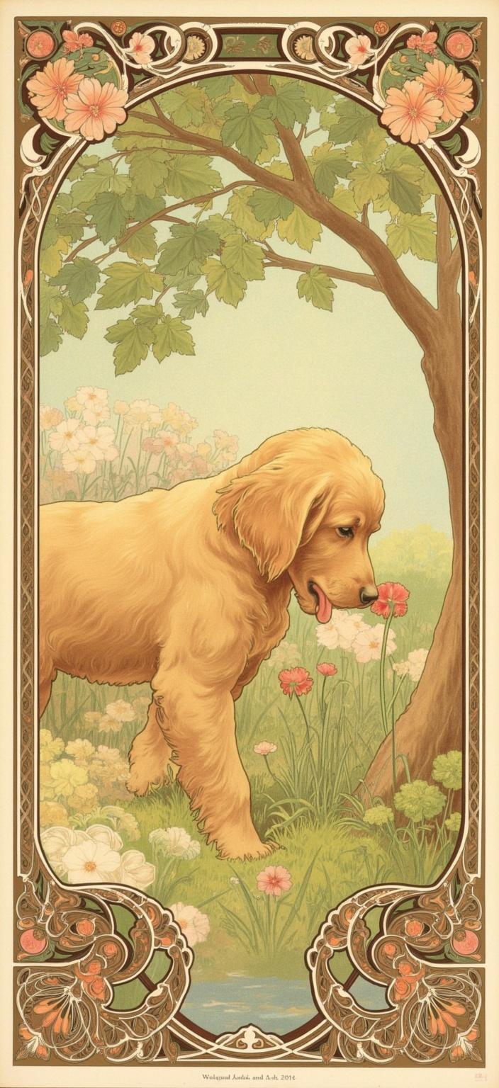 mucha, Title: "Curious Golden Doodle in Enchanted Spring"

Description: In this captivating painting, a golden doodle puppy is captured in a moment of serene curiosity, nestled under a canopy of dappled shade. Its fluffy fur, softly illuminated by the filtered sunlight, creates an inviting and warm ambiance. The puppy leans in with a sense of wonder towards a lively bush, its tongue playfully peeking out to taste the invigorating spring air. This delightful gesture, combined with the gentle squint of its eyes, embodies a serene connection with its natural surroundings.

The artwork is a tribute to the flowing, organic lines and intricate decorative patterns of the Art Nouveau style, drawing inspiration from the legendary works of Alphonse Mucha. The scene is enveloped in a dreamlike, romantic aesthetic, where fine art effortlessly merges with design. The background is lush with sinuous vines, exuberant floral motifs, and celestial elements, creating a backdrop that is both enchanting and harmonious.

Soft, delicate colors enhance the composition, with each hue meticulously chosen to evoke a sense of calm and beauty. The floral motifs, blooming vibrantly, are interwoven with subtle geometric patterns, lending an ornamental quality that invites the viewer into this whimsical world.

An elaborate ornamental frame encircles the entire scene, reminiscent of a grand Gothic window. This sweeping border, adorned with organic patterns, flowers, and celestial symbols, acts as a gateway into a realm where nature and emotion are poetically intertwined. The delicate embellishments of the frame not only unify the composition but also invite viewers to step into this fantastical moment where the innocent joy of a puppy meets the timeless elegance of art.

This enchanting image is crafted as a digital wallpaper, ensuring a crisp, clean look perfect for bringing a touch of artful delight to any digital space.