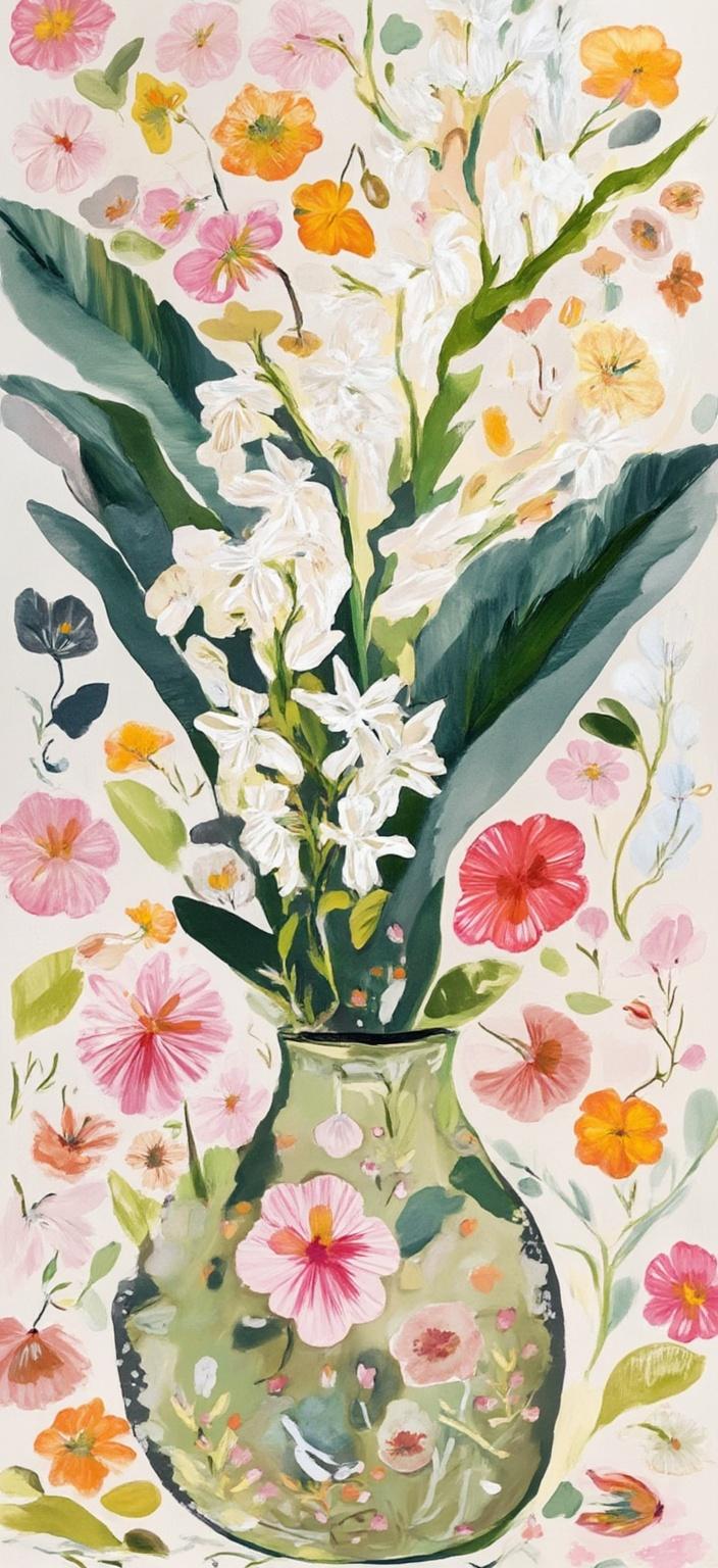 colorful_illustration, The painting captures a serene and elegant bouquet of Lily of the Valley meticulously placed in a simple, yet charming vase. The scene radiates a sense of delicate beauty, as the graceful white blooms with their slender, arching stems gently cascade over the rim of the vase, embodying a minimalist yet sophisticated aesthetic. The arrangement is nestled within a setting that draws inspiration from both botanical artistry and bohemian minimalism, highlighting an understated elegance.

In a style that is both vibrant and colorful, the illustration exudes a playful, dynamic, and hand-drawn feel. The background is adorned with an array of organic shapes that are artfully scattered across the canvas. Decorative elements, including various leaves and floral motifs, are harmoniously integrated, adding a natural and free-flowing quality to the design.

The composition is lavishly detailed, blending bold organic shapes with intricate details. Scattered ornamental elements such as dots, swirls, and abstract motifs are thoughtfully incorporated, enhancing the lavish decorative style of the piece. The luxurious layering of colors and patterns creates an exquisite sense of depth and movement, enveloping the viewer in its charm.

The organic shapes and radial floral patterns create a harmonious, hand-drawn quality that is reminiscent of Scandinavian folk art and mid-century botanical prints. This artistic style enriches the design, imbuing it with a timeless charm and making it ideally suited for a digital wallpaper, where it can be showcased in all its crisp, clean glory. This visualization ensures that the image remains a perfect piece for printing, transforming any digital space into an elegant and serene botanical haven.