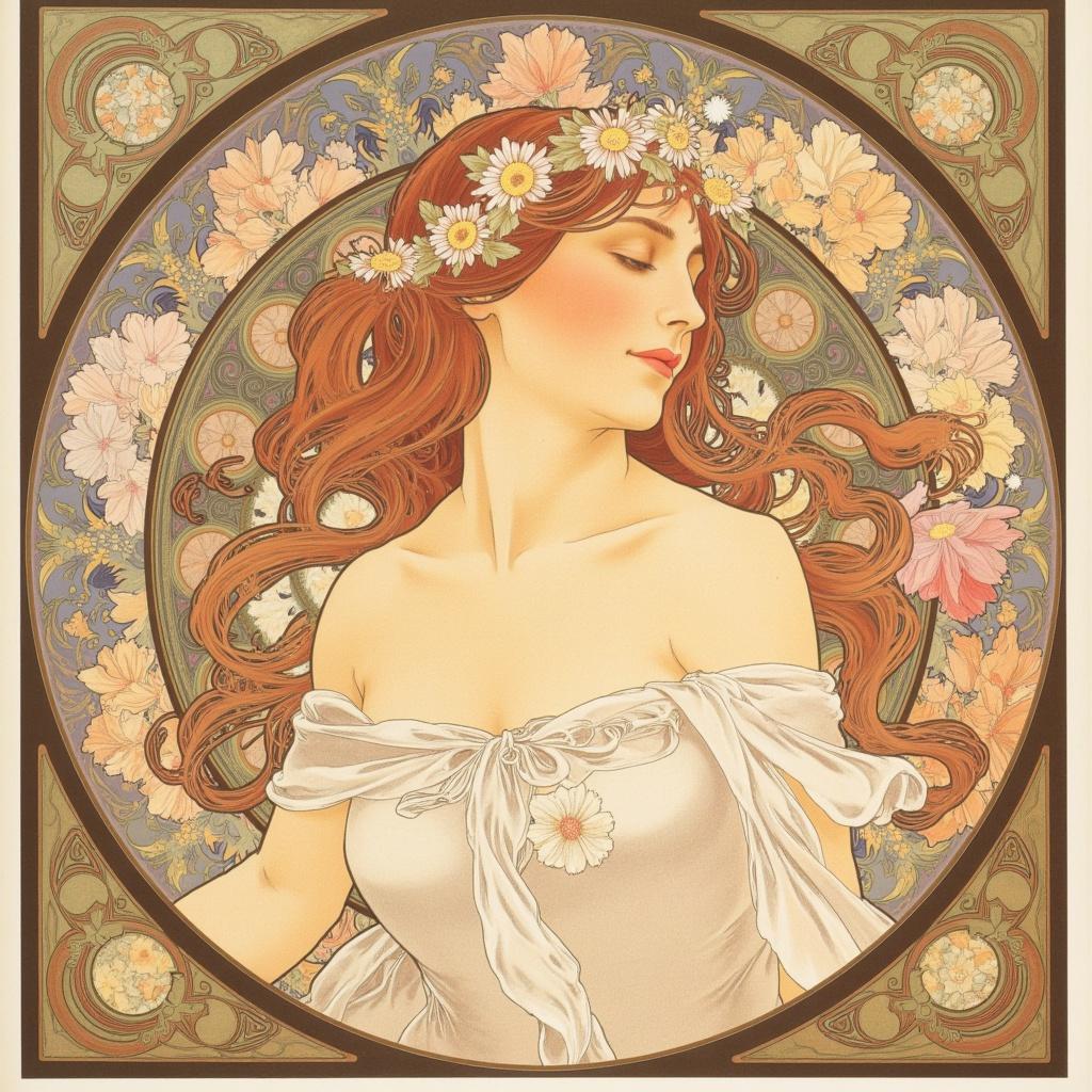mucha, The painting showcases an elegant woman with flowing hair that cascades in graceful, undulating waves, intertwining with an array of vibrant flowers and sinuous vines. Her serene expression exudes an ethereal beauty, her delicate features framed by the lush floral crown that rests upon her head. The flowers, in full bloom, exhibit a rich tapestry of colors, each petal meticulously defined, creating a harmonious blend of natural motifs that evoke the essence of spring.

Drawing inspiration from the style of Alphonse Mucha, the artwork is crafted with flowing, organic lines and intricate decorative patterns. The composition is set against a highly stylized background depicting a dreamlike, romantic aesthetic. The backdrop seamlessly merges fine art with design, featuring celestial elements such as soft, glowing stars and gentle swirling clouds that further enhance the otherworldly atmosphere of the scene.

The color palette is a delicate balance of pastels, with soft pinks, lavenders, and gentle greens punctuated by occasional deeper hues, adding depth and dimension. The elegance of the woman's attire is emphasized through subtle geometric patterns, and the flowing fabric of her gown mirrors the natural curves of her surroundings.

Encasing the entire scene is an elaborate ornamental frame reminiscent of a grand Gothic window. This frame, with its sweeping curves and detailed embellishments, is adorned with organic patterns, flowers, and celestial symbols, serving as both a visual unifier and a gateway into this dreamlike realm. The border's intricate design echoes the harmonious interplay between nature and human emotion, inviting viewers to immerse themselves in this poetic harmony.

Perfectly centered and crafted with precision, this wall-art piece is designed to be a striking focal point, suitable for adding an air of sophistication and beauty to any space.