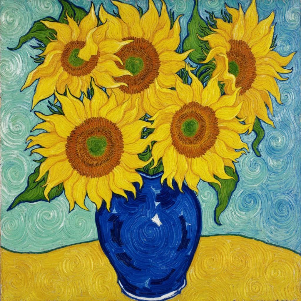 van_gogh, The painting captures an exquisite composition of vibrant sunflowers gracefully arranged in a striking blue vase. Each sunflower boasts petals painted in vivid, intense yellows with subtle variations to showcase their natural beauty and the warmth of a summer's day. The sunflowers' large, expressive heads and lush green leaves are brought to life through dynamic brushwork and bold, expressive compositions, evocative of a lively garden in full bloom.

The blue vase, central to this artwork, is painted with rich, thick impasto layers that contrast spectacularly with the golden hues of the flowers. It shimmers with various shades of blue, from deep indigo to subtle azure, which create a harmonious yet bold interplay with the sunflowers, heightening the visual impact and intensity of the scene.

Infused with raw emotion and a sense of urgency, the painting's background complements the floral arrangement, offering swirling, flame-like patterns that evoke a rhythmic, pulsating energy. This dynamic touch, combined with vigorous, linear patterns, imparts a unique sense of motion and life, as if the flowers themselves are swaying gently with an unseen breeze.

The brushstrokes are loose and energetic, creating an almost tactile experience, and the bold complementary color contrasts of blue and yellow add to the dramatic visual tension and depth. This artwork, steeped in personal emotion and universal appeal, is designed to be centered, allowing its crisp, clean lines and vibrant colors to be ideal for a digital-wallpaper, transforming any space with its lively essence and emotional richness.