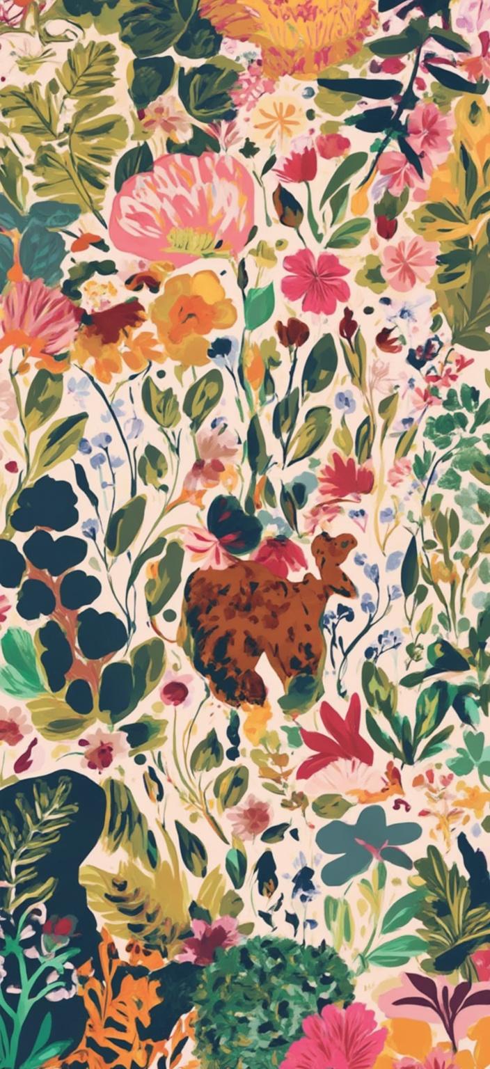 colorful_illustration, In a vibrant and colorful illustration, a playful and dynamic scene unfolds featuring a cheerful dog enjoying a serene garden. The dog, with its fur painted in a lively array of warm and earthy tones, stands joyfully amidst the garden's lush scenery. Drawing inspiration from a lavish, decorative style, the artwork captures the dog's animated spirit, its tail wagging energetically against the backdrop of a beautifully hand-drawn garden.

The background is alive with organic shapes and a meticulously arranged tapestry of various leaves and floral elements, showcasing a harmonious blend of nature's elegance. Scattered across the canvas, decorative elements such as delicate swirls, whimsical dots, and abstract motifs add a layer of sophistication and charm. These details are accentuated by the luxurious layering of complementary colors, creating a palpable sense of depth and movement.

The garden itself is a testament to intricate composition, where bold, curved foliage and radial floral patterns intertwine seamlessly, reminiscent of Scandinavian folk art and mid-century botanical prints. This art piece, centered perfectly, ensures a crisp, clean look, making it an ideal digital wallpaper that transforms any screen into a window to a joyful and organically rich world.
