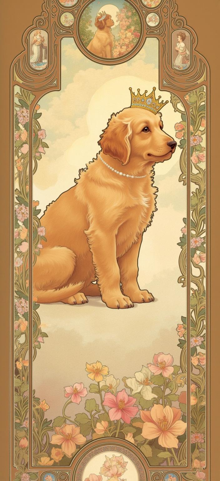 mucha, Enriched prompt: In a captivating digital wallpaper, the centerpiece is a golden doodle puppy, whose playful elegance is epitomized by the royal birthday hat perched atop its head. This fluffy pup exudes charisma, with both front paws stretched forward and head slightly bowed, embodying the essence of a party star basking in the limelight of adoration. The tranquil gaze of the puppy captures a serene moment, as if aware of its starring role in this enchanting tableau.

The scene is painted in the style reminiscent of Mucha, where flowing, organic lines and intricate decorative patterns imbue the artwork with a harmonious blend of natural motifs. The background unfurls in a dreamlike, romantic aesthetic, featuring sinuous vines, blooming flowers, and celestial elements that dance around the composition. The delicate colors and exuberant floral motifs woven into the design enhance its refined, ornamental quality.

Encapsulating this whimsical scene is an ornate ornamental frame, echoing the grandeur of a Gothic window. The frame's sweeping curves and detailed embellishments boast organic patterns, flowers, and celestial symbols, serving as a gateway into a world where nature and emotion meld in poetic harmony. This elaborate border unifies the composition, inviting viewers into a magical realm perfectly suited for a digital wallpaper that transforms any space into an enchanting celebration of life and beauty.