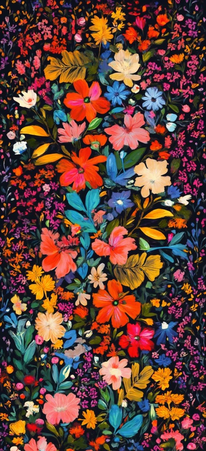 colorful_illustration, The painting for this digital-wallpaper is crafted to perfectly fit laptop screens and is imbued with a darker, more mysterious atmosphere. Imagine a mesmerizing scene painted in a vibrant and colorful illustration style, exuding a playful dynamism with a hand-drawn aesthetic. The central focus is a lush tapestry of organic shapes intertwined with an array of decorative elements, such as whimsical leaves and intricate floral patterns that gracefully sweep across the canvas. These elements are layered in a lavish, decorative manner, infusing the composition with a sense of depth and movement while maintaining a darker, more subdued color palette.

The background is a rich, inky canvas scattered with ornate dots, swirls, and abstract motifs that shimmer subtly, reminiscent of twilight. These ornamental elements provide a stark yet harmonious contrast to the vibrant organic forms at the forefront, evoking the luxurious complexity and detail of Scandinavian folk art paired with the bold, mid-century botanical prints. Each leaf and petal is delicately rendered, contributing to a sophisticated hand-drawn feel that is both natural and free-flowing.

This intricate composition is carefully designed to be centered, ensuring a balanced and crisp appearance that makes it an ideal choice for printing as a digital wallpaper. The resulting image is a captivating blend of bold creativity and refined detail, offering an elegant yet lively backdrop for any laptop screen.