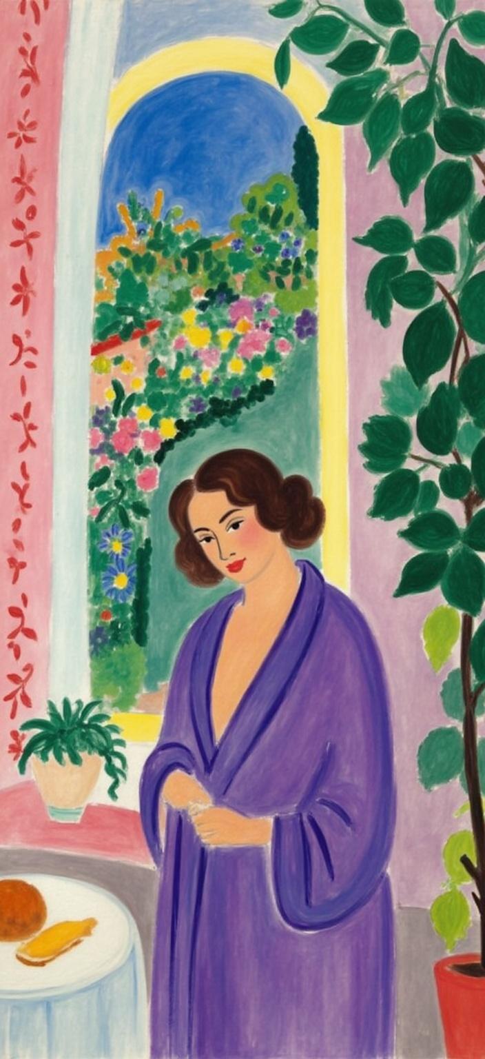mattise_nice, Create a captivating digital wallpaper featuring a woman gracefully poised in a purple robe by an elegantly arched window, exuding tranquility and a subtle sense of mystery. The scenery beyond the window hints at a lush garden, speckled with vibrant, abstract blooms and lush greenery, reminiscent of Matisse's signature use of color and form, as seen during his vibrant period in Nice. The woman's robe is a deep, luxurious shade of purple, its folds captured with a rhythmic harmony that echoes Matisse's flair for fluid lines and bold, expressive patterns. Her gaze is soft and contemplative, as she is bathed in gentle, diffused sunlight, casting playful shadows on the room’s walls. The composition, centered within the frame, ensures a crisp, clean look, making it perfect for a stunning piece of digital wallpaper, where every detail of the scene is designed to delightfully enrich and invigorate any space it adorns.
