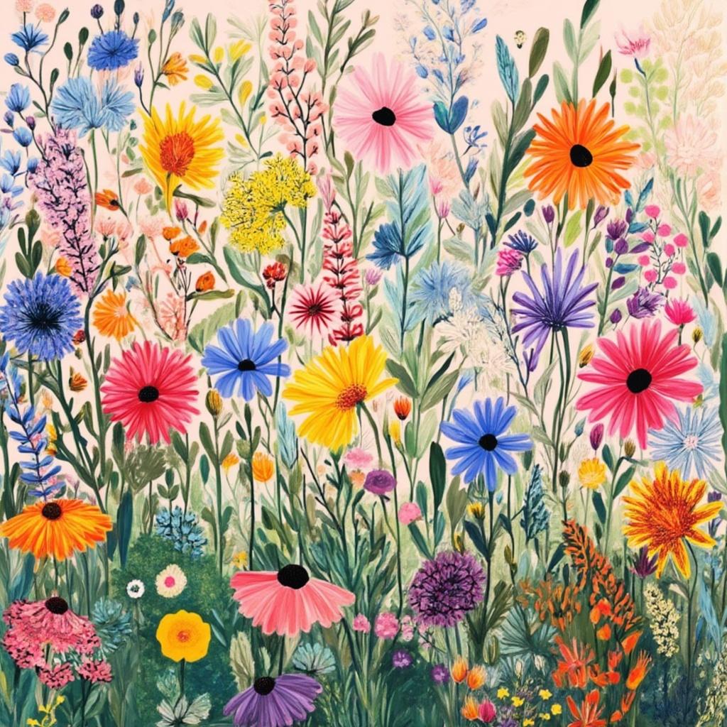 colorful_illustration, The painting is a vibrant and colorful illustration of wildflowers, each petal and leaf meticulously detailed to capture the essence of a lush meadow in full bloom. The wildflowers are depicted in a variety of shapes and sizes, showcasing an array of rich, vivid colors that seem to dance across the canvas. The composition draws inspiration from playful and dynamic styles, offering a hand-drawn feel that exudes whimsy and creativity.

The background is a graceful tapestry of organic shapes, interwoven with scattered decorative elements that enhance the natural beauty of the scene. Various leaves and floral elements are arranged harmoniously across the canvas, adding a free-flowing, serene quality to the design. The lavish, decorative style is evident in the intricate composition, which blends bold organic shapes with delicate, carefully crafted details.

Scattered throughout the painting are ornamental elements such as dots, swirls, and abstract motifs, all contributing to a luxurious layering of colors and patterns that create a sense of depth and movement. This tapestry-like effect invites viewers to explore the painting in detail, discovering new intricacies with each glance.

The overall aesthetic is reminiscent of Scandinavian folk art and mid-century botanical prints, where the organic shapes and radial floral patterns create a harmonious and timeless hand-drawn feel. The painting is centered perfectly, ensuring a crisp, clean look that makes it ideal for wall art, capturing the essence of nature's beauty in a manner that is both elegant and enchanting.