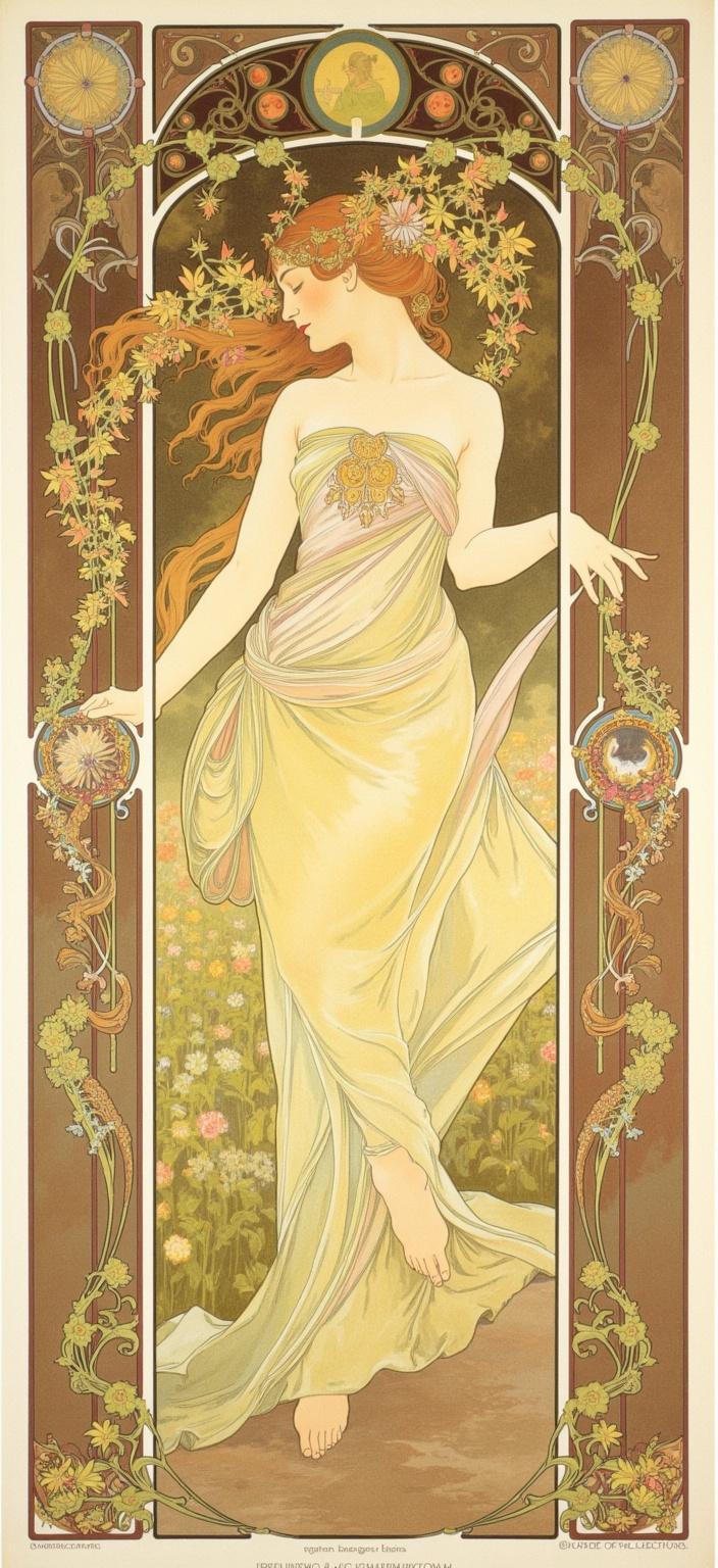 mucha, In Alphonse Mucha’s iconic Art Nouveau style, a graceful woman embodies ethereal beauty as she dances barefoot in a vibrant spring garden at dawn. Her flowing dress, a cascade of soft, translucent fabric, catches the first delicate light of morning, creating a stunning interplay of colors. The garden is a symphony of nature's finest, with blooming flowers in a rainbow of hues, dense clusters of sinuous vines, and the gentle embrace of soft morning mist that weaves through the scene, lending it a serene, mystical quality.

The composition is enriched with the flowing, organic lines and intricate decorative patterns that define the Art Nouveau movement, seamlessly blending natural motifs into the scene. The background is dreamy and romantic, merging fine art with design through highly stylized, almost ethereal elements. The colors are delicate yet vibrant, with a harmonious palette that captures the exuberance of the floral motifs and sinuous vines.

The entire scene is elegantly enclosed within an elaborate ornamental frame, reminiscent of a grand Gothic window. This intricately detailed border, adorned with organic patterns, exuberant flowers, and celestial symbols like delicate stars and moons, acts as a visual gateway into a realm where nature and human emotion intertwine in poetic harmony. This frame not only unifies the artwork but elevates its ornamental quality, making it a perfect digital wallpaper that transforms any space into a timeless sanctuary of beauty and tranquility.