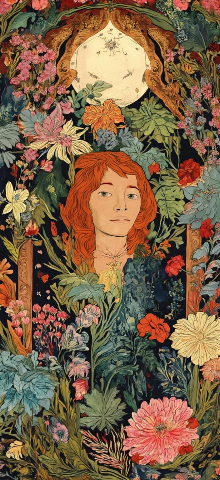 colorful_illustration, A captivating digital wallpaper features a portrait of a woman facing the camera, radiating an aura of elegance and mystery. Her expressive eyes and serene countenance are enhanced by flowing, organic lines reminiscent of Mucha's style, drawing you into her world. Her auburn hair cascades gracefully, adorned with delicate flowers and entwined vines, symbolizing a harmonious bond with nature. Around her neck lies a delicate necklace, its intricate design catching the eye and adding to her enigmatic presence.

The artwork embraces the lavish decorative style, where vibrant and colorful illustrations take center stage. The woman's attire, while understated, is adorned with elegant Art Nouveau motifs, adding visual rhythm and echoing the elegance of the era. The backdrop is a mesmerizing tapestry of celestial elements—ethereal stars and gentle moonbeams—merged seamlessly with swirling mists and ornate geometric patterns, evoking a sense of romantic nostalgia. This dreamlike setting is further enhanced by a vibrant palette of delicate colors, where soft pastels and earthy tones converge, casting an enchanting glow that envelops the entire scene.

Sinuous floral motifs composed of lush vines and blooming flowers weave through the composition, enhancing its refined, ornamental quality. The background is alive with organic shapes and scattered decorative elements, with leaves and floral patterns arranged harmoniously across the canvas, adding a natural, free-flowing quality reminiscent of Scandinavian folk art and mid-century botanical prints.

Encompassing the scene is an elaborate ornamental frame, akin to a grand Gothic window. This intricate border is adorned with ornate curves, organic patterns, and celestial symbols, serving as both a visual anchor and a gateway into this ethereal realm. The composition blends bold organic shapes with delicate details, creating a sense of depth and movement through luxurious layers of colors and patterns. This digital wallpaper transcends its medium, transforming any device into a portal to a dreamlike world where nature and human emotion intertwine in poetic harmony. It's not only a piece of art but a statement of beauty and elegance, perfect for anyone seeking to elevate their screen with a touch of classic sophistication.