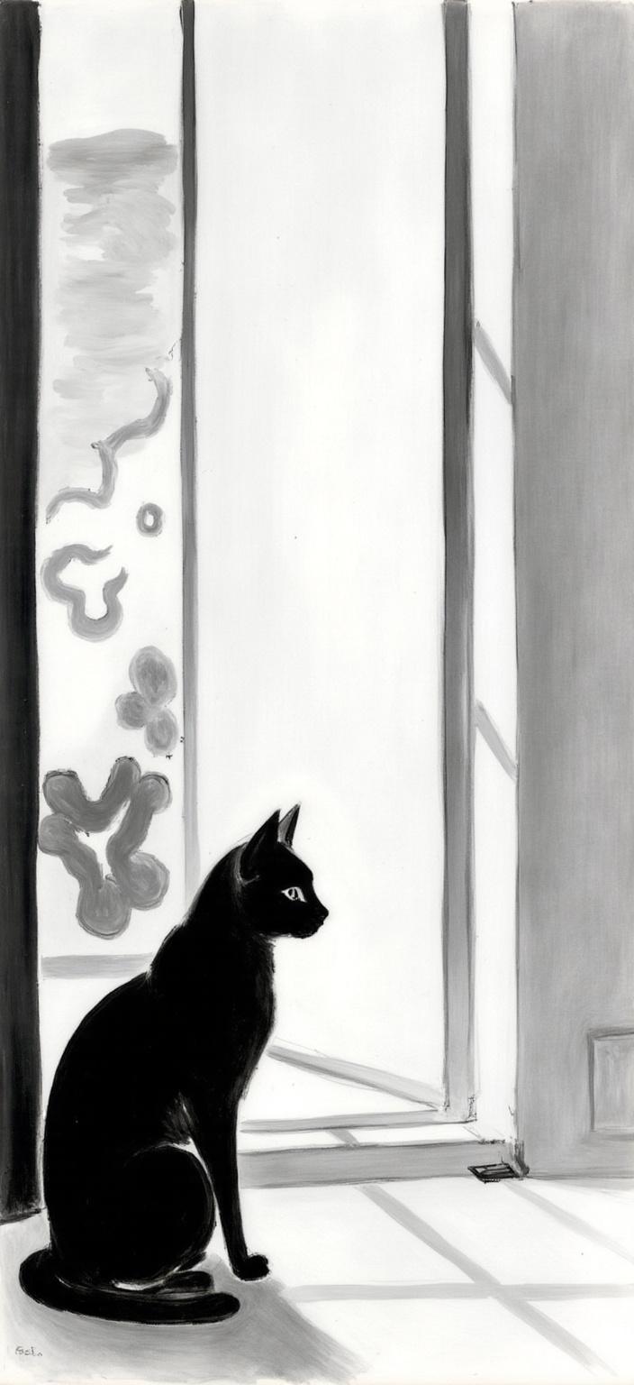 mattise_nice, A captivating digital wallpaper in desktop resolution featuring a serene black and white scene, inspired by the "Matisse in Nice" style. The composition centers around an elegant cat, its silhouette gracefully defined against the contrast of the monochrome palette. The cat, with a poised and contemplative posture, is sitting by a large, open window. Through the window, a gentle hint of an abstract landscape can be perceived, capturing the essence of the outside world in simplified, flowing forms, reminiscent of the Mediterranean vistas that inspired Matisse. The overall texture and brushstroke reflect the artist's unique style, bringing vitality and movement even in the restricted color scheme. This tranquil urban interior scene is designed to be crisp and clean, ideal for printing as a sophisticated digital wallpaper that effortlessly blends classic artistry with modern simplicity.
