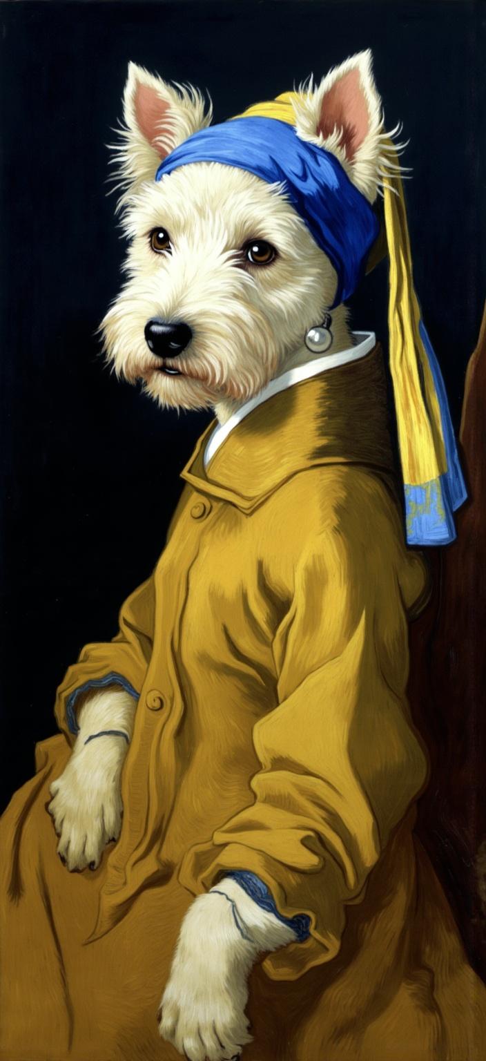van_gogh, Imagine a captivating digital wallpaper where the star of the show is a delightful West Highland White Terrier, stealing the spotlight with its enchanting portrayal inspired by Vermeer’s iconic ‘Girl with a Pearl Earring’. This endearing, fluffy companion, celebrated for its soulful, expressive eyes, is shown in a refined three-quarter pose, exuding elegance and poise. The terrier is adorned in a golden-brown robe that flows gracefully around its petite frame, while a striking blue and yellow headscarf is wrapped around its head, lending an air of mystery and allure. The large pearl earring, lustrous and perfectly positioned, catches the light with a gentle shimmer, adding a touch of timeless sophistication.

Set against a dark, moody background, the dramatic effect is intensified, bringing forth the charm and grace of the subject—a true homage to Vermeer’s artistry. Drawing inspiration from a vibrant artistic style, the painting bursts with intense color and dynamic brushwork. Vivid, rich hues are applied in thick, impasto layers, evoking a mesmerizing sense of movement and emotional depth. Bold complementary color contrasts define the scene; the blues of the headscarf and the golden-brown cloak resonate against a backdrop hinting at oranges and deep purples, amplifying the visual impact and intensity.

The brushstrokes are loose and energetic, swirling in curls and flame-like patterns that imbue the image with a rhythmic, almost pulsating quality. These vigorous, linear patterns convey a unique sense of motion and life, rendering the scene both deeply personal and universally compelling. The entire composition is carefully centered, ensuring a crisp, clean look ideal for a digital wallpaper, ready to transform any screen into a portal of elegance and artistic flair. This modern interpretation encapsulates the essence of intense color, dynamic brushwork, and bold, expressive compositions, making it a true masterpiece suitable for any art lover’s collection.