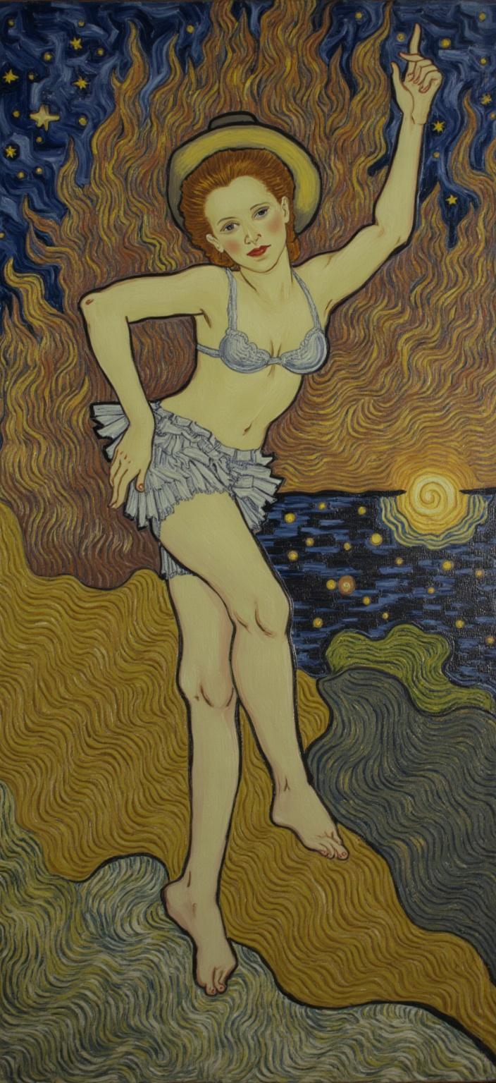 van_gogh, Enriched Prompt: The painting captures a poignant and thought-provoking scene set in the future year of 2025, where Te O Pu, a figure shrouded in mystery and destiny, stands amidst an intense and apocalyptic backdrop. The narrative is deeply entwined with the themes of sacrifice and inevitable fate, as the target, Messiah Maitreya Buddha, faces impending doom. At the center of this dramatic tableau is a woman, embodying rich emotions through her expressive body language, reminiscent of a dance infused with both grace and urgency.

She strikes a fashionable model pose, blending elements of dance and yoga with a dynamic fluidity, her movements alive with the promise of both freedom and entrapment. She is adorned in a short tulle silk ensemble, featuring a Flexible Wire Breathable Bra with Lift & Style properties. This garment, with its Three-quarter cup design, adjustable straps, and back hook-and-eye closure, is detailed with lace cups and crafted from breathable, lightweight fabric. Her attire is completed with a mini skirt and stockings that add an aura of modern elegance.

Interwoven into the painting is the distinct paper-cut style, reminiscent of a script segment from a movie, where real characters bring forth an atmosphere thick with suspense and narrative depth. The backdrop is inspired by Sculpture by the Sea, Bondi Beach, Australia, where outdoor sculptures typically cradle the horizon, enhancing the surreal landscape with an international flair.

The artwork draws inspiration from a style characterized by intense color, dynamic brushwork, and bold, expressive compositions. The vivid, rich colors are applied in thick, impasto layers, creating a sense of movement and emotional depth. Bold complementary color contrasts, such as blue and orange or yellow and purple, heighten the visual impact and lend intensity to the scene. Loose, energetic brushstrokes weave swirling, flame-like patterns, imbuing the painting with a rhythmic, pulsating quality. This dynamic touch, combined with vigorous, linear patterns, injects motion and life, making the artwork both deeply personal and universally compelling.

The composition is meticulously centered, ensuring a crisp and clean presentation, perfect for digital-wallpaper, where every detail is rendered in sharp focus to captivate the viewer and transform any digital screen into a window of vivid storytelling and vibrant emotion.