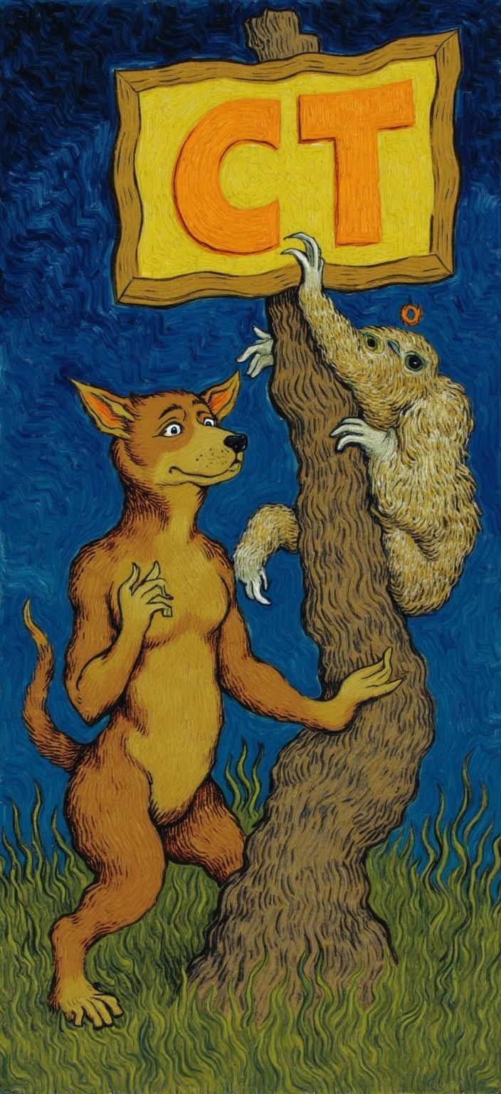 van_gogh, Title: "Courageous Encounter"

Description: Imagine a dynamic, vibrant scene painted with intense emotion and energy, perfect for a digital wallpaper. At the center of this composition is Coraje, a whimsical and slightly anxious dog, depicted with a rich palette of earthy browns and warm oranges. His expressive eyes and vibrant fur come alive against a deep, dark blue background that suggests the vastness of the night sky, creating a striking contrast.

To his right, a curious sloth clings leisurely to a sturdy branch, its fur rendered with swirling, flame-like patterns in a medley of soft browns and rich greens. The sloth's relaxed demeanor complements Coraje's more animated presence, adding a touch of humor and balance to the scene. Their interaction suggests a narrative of unlikely companionship and shared adventures.

Above them, in the swirling, energetic brushstrokes characteristic of the style, a large sign with the letters "CT" is boldly displayed. The letters are painted in a vivid shade of orange, standing out against the blue background, drawing the viewer's eye and adding a layer of mystery and intrigue to the artwork.

The thick, impasto layers of paint give the entire scene a tactile quality, as if the characters could leap from the canvas with their vibrant personalities. The use of bold complementary colors, particularly the interplay of blue and orange, heightens the visual impact, making the viewer feel the emotional depth and motion contained within this whimsical yet powerful universe. This painting is a perfect centerpiece for a digital wallpaper, infusing any space with energy, emotion, and an invitation to explore the stories behind these endearing characters.
