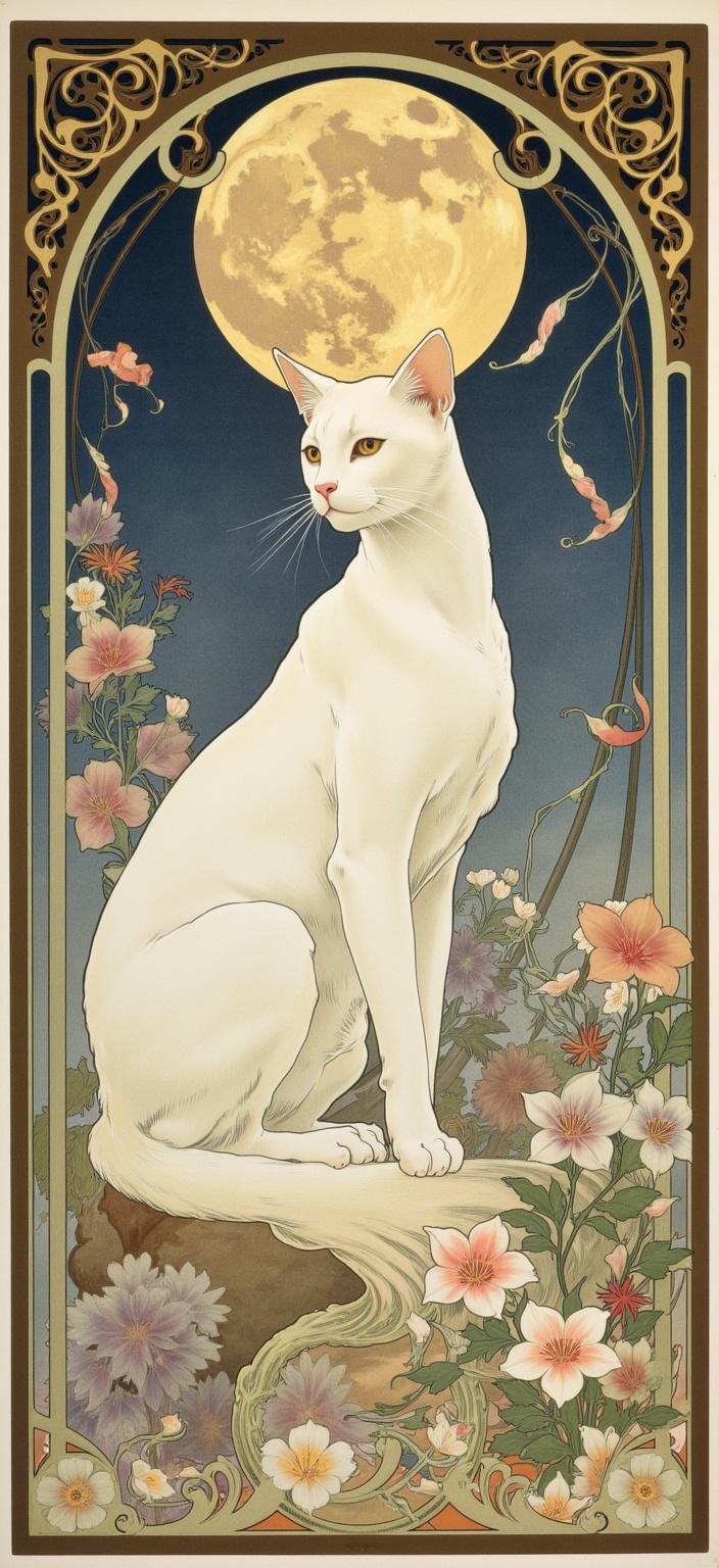 mucha, Enriched prompt: 

The painting depicts a serene and enchanting night scene, centered around a graceful white cat that sits majestically under a luminous, full moon. This feline, with its pristine fur gently illuminated by the moon’s ethereal glow, is nestled amidst a garden of swirling vines and delicate flowers. The cat's eyes, deep and enigmatic, reflect the celestial wonder above, as if holding secrets of the night. Its soft, elegant form is rendered with flowing, organic lines that harmoniously meld into the surrounding environment, imbuing the scene with an air of tranquility and mysticism. 

The composition is set against a highly stylized background that draws inspiration from the Art Nouveau style, characterized by intricate decorative patterns and a harmonious blend of natural motifs. The night sky is awash in a tapestry of delicate colors—soft blues, gentle purples, and hints of silver—each hue applied with Mucha's signature finesse. The backdrop is adorned with exuberant floral motifs, sinuous vines, and subtle geometric patterns, all combining to enhance the composition with a refined, ornamental quality. 

This dreamlike aesthetic is further elevated by an elaborate ornamental frame that encloses the entire scene. The frame’s sweeping curves and detailed embellishments are reminiscent of a grand Gothic window, adorned with organic patterns, flowers, and celestial symbols. This intricate border not only serves as a visual unifier but also acts as a gateway into a poetic realm where nature and imagination coexist in exquisite harmony. 

The image, with its lush details and romantic essence, is perfectly centered to ensure a crisp, clean look, making it ideal for printing as a digital wallpaper.