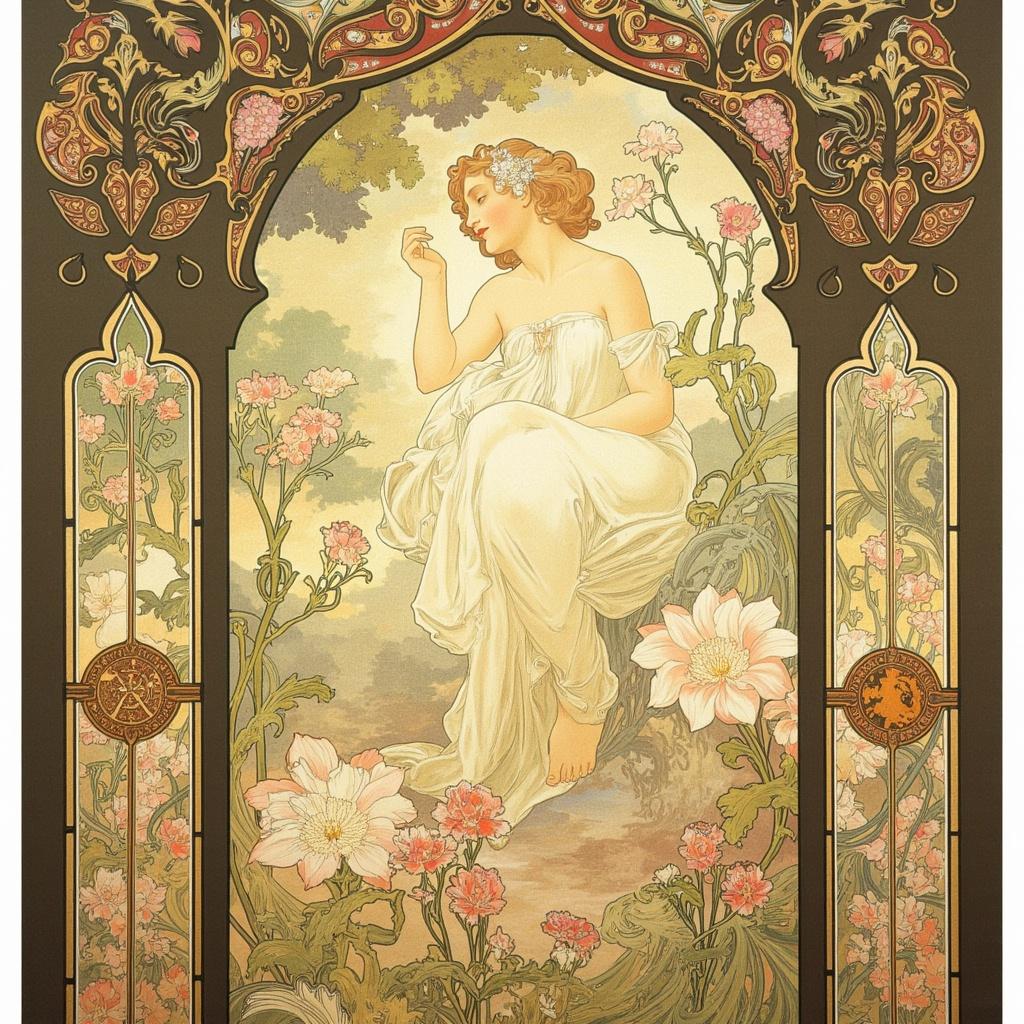mucha, Enriched prompt: Imagine a breathtaking stained glass window, crafted with intricate precision and artistic flair, showcasing an enchanting tableau of nature motifs. The scene is painted in a flowing and organic line style, inspired by the exquisite Art Nouveau aesthetic. At its heart is a harmonious blend of delicate flowers, sinuous vines, and ethereal celestial elements, all intertwined within a serene, dreamlike landscape.

The composition captivates with its romantic allure, featuring Mucha’s signature palette of delicate pastels and vibrant hues. Blooming flowers burst forth with exuberance, their petals kissed by the gentle light filtering through the glass. Sinuous vines twist gracefully throughout, leading the eye through the ornamental tapestry, while subtle geometric patterns lend a refined and structured elegance to the artwork.

Framing this lush panorama is an elaborate ornamental border, reminiscent of a grand Gothic window, its sweeping curves and detailed embellishments elegantly encapsulating the scene. This intricate border is adorned with organic motifs—flowers and celestial symbols—that not only unify the composition but invite the viewer into a poetic realm where nature and emotion entwine with seamless grace.

A captivating centerpiece for wall-art, this stunning stained glass creation offers a timeless reflection of nature’s beauty, expertly combining fine art with design, and creating a visual gateway into a world of romantic wonder.