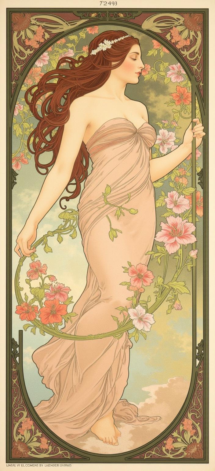 mucha, Enriched prompt: 

Design a digital wallpaper capturing an elegant woman with flowing hair intertwined with vibrant, blooming flowers, set against a breathtaking, dreamlike backdrop. The composition should draw inspiration from the intricate and romantic aesthetic characterized by flowing, organic lines reminiscent of Mucha's art. Her hair cascades like a gentle stream, merging seamlessly with sinuous vines and a plethora of floral motifs that encapsulate her serene beauty.

The background should be a harmonious blend of understated yet delicate colors, creating a tranquil atmosphere infused with celestial elements like subtle star motifs and swirling nebulae. This dreamscape is complemented by intricate decorative patterns that enhance the composition with a refined, ornamental quality.

The entire scene is framed by an elaborate ornamental border, taking inspiration from grand Gothic windows. This frame, adorned with sweeping curves and detailed embellishments of organic patterns, vines, flowers, and celestial symbols, serves as a gateway to a fantastical realm. It embodies a poetic harmony where nature coalesces with human emotion, providing an enchanting focal point for a digital wallpaper aimed at delivering a serene and captivating aesthetic.