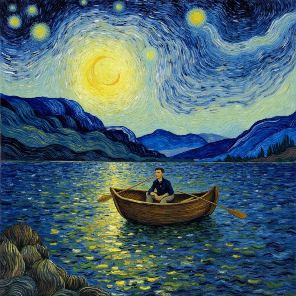 van_gogh, Enriched prompt: A breathtaking painting captures a serene man in a rowboat, gently drifting through the mesmerizing waves of Van Gogh’s Starry Night. The composition unfolds under a swirling, moonlit sky that pulses with life, vibrant with intense color and dynamic brushwork. Vivid, rich colors are applied in thick, impasto layers, showcasing the energetic motion and emotional depth of the scene. The sky is alive with bold complementary color contrasts, such as deep blues and radiant oranges that intermingle, while luminous yellows dance with mysterious purples, creating an arresting visual symphony. The brushstrokes are loose, energetic, and swirling, forming curly, flame-like patterns that echo the rhythmic, pulsating quality of Van Gogh’s signature style. These vigorous, linear patterns lend the painting a unique sense of motion and life, wrapping the viewer in its dynamic embrace. The artwork is infused with raw emotion and a sense of urgency, yet maintains a sense of serene beauty, making it both deeply personal and universally compelling. This captivating scene is centered to ensure a crisp, clean look, perfectly suited for printing as a digital wallpaper, transforming any space into a gallery of vibrant motion and emotional resonance.