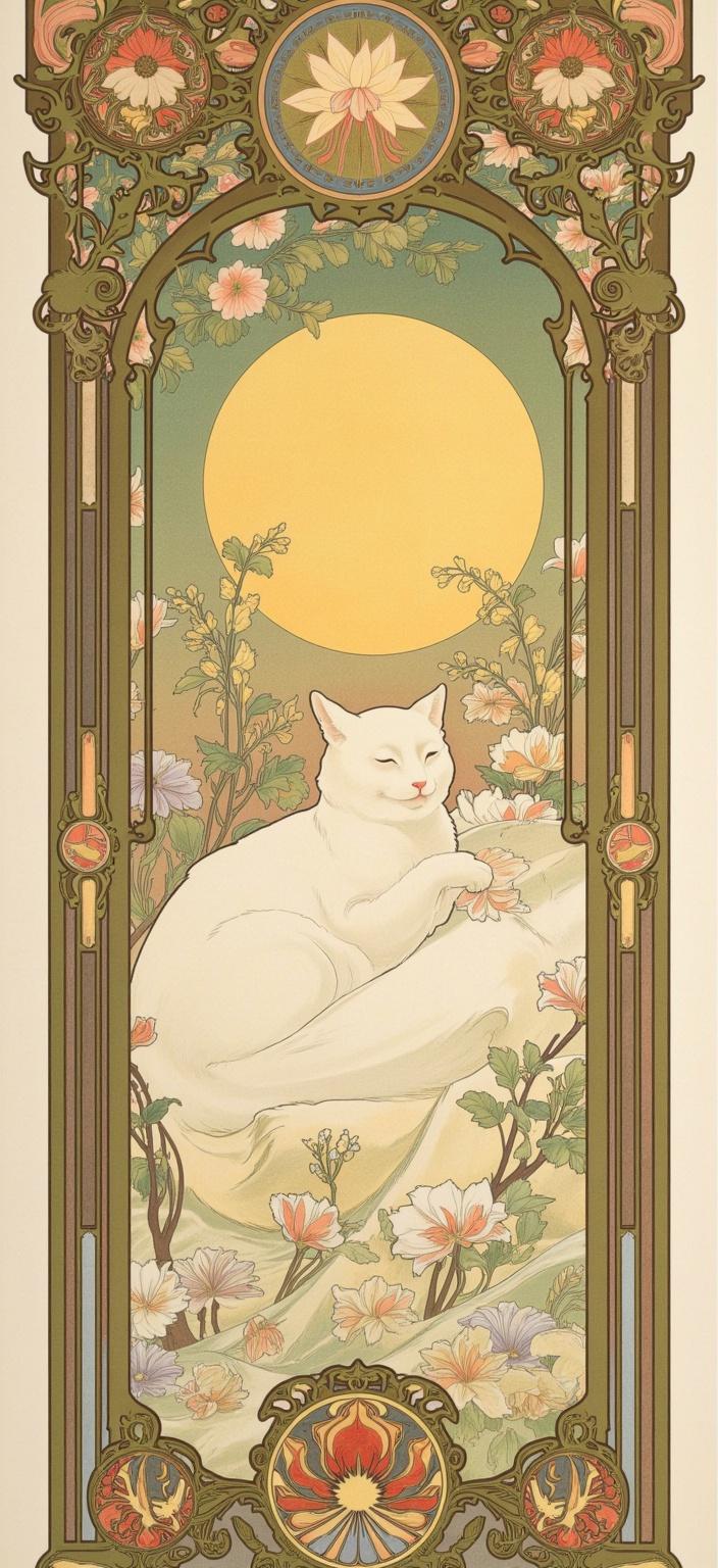 mucha, Enriched prompt:

In this captivating digital wallpaper, envision a serene white cat gracefully nestled under the luminous glow of a full moon. The scene is imbued with the elegance of flowing, organic lines and intricate decorative patterns, drawing inspiration from the Art Nouveau style. The composition is a harmonious blend of natural motifs, where delicate flowers, intertwining vines, and ethereal celestial elements dance across the canvas.

The cat, with its pristine fur and gentle demeanor, is enveloped in a dreamlike atmosphere, set against a highly stylized background that merges fine art with design. Mucha’s signature blend of delicate colors and exuberant floral motifs enhance the scene, with sinuous vines and blooming flowers adding a touch of romantic whimsy. Subtle geometric patterns are woven throughout, lending the image a refined, ornamental quality.

The entire composition is framed within an elaborate ornamental border, reminiscent of a grand Gothic window. This intricate frame, adorned with organic patterns, flowers, and celestial symbols, serves as a gateway into a fantasy realm where nature and emotion intertwine. The sweeping curves and detailed embellishments of the frame not only unify the visual elements but invite the viewer into a poetic harmony that seamlessly blends the natural world with human imagination. This artwork, centered to ensure a crisp, clean look, is perfect for printing as a digital wallpaper, transforming any space into a realm of artful tranquility.
