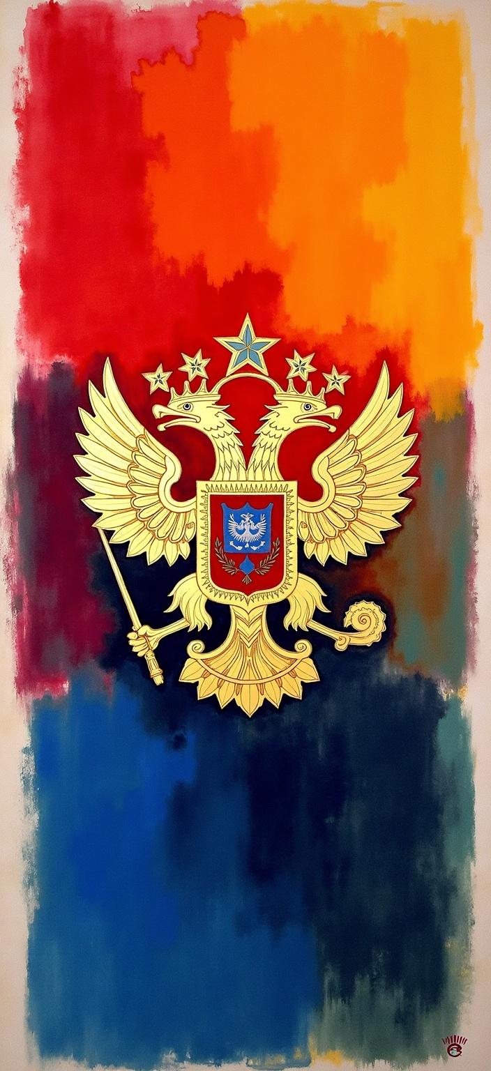 rothko, Enriched prompt: Imagine a digital wallpaper that captures the majestic and intricate Russian Federation coat of arms, with its double-headed eagle and opulent details, rendered with a unique artistic flair. The painting draws inspiration from a complex layering of translucent colors, allowing light to filter through with an appearance of "inner light" and remarkable luminosity. At close range, the colors melt and fuse together, with blurred boundaries between the shapes, creating a sense of depth and harmony. The soft-edged rectangles and shapes hover weightlessly on the canvas, forming floating zones of color that enhance the regal presence of the coat of arms. Richly varied surfaces feature paint drips or strokes running in unconventional directions, lending a dynamic and elegant touch to the overall composition. Centered meticulously, this artwork ensures a crisp and clean look, perfect for printing as a stunning digital wallpaper.