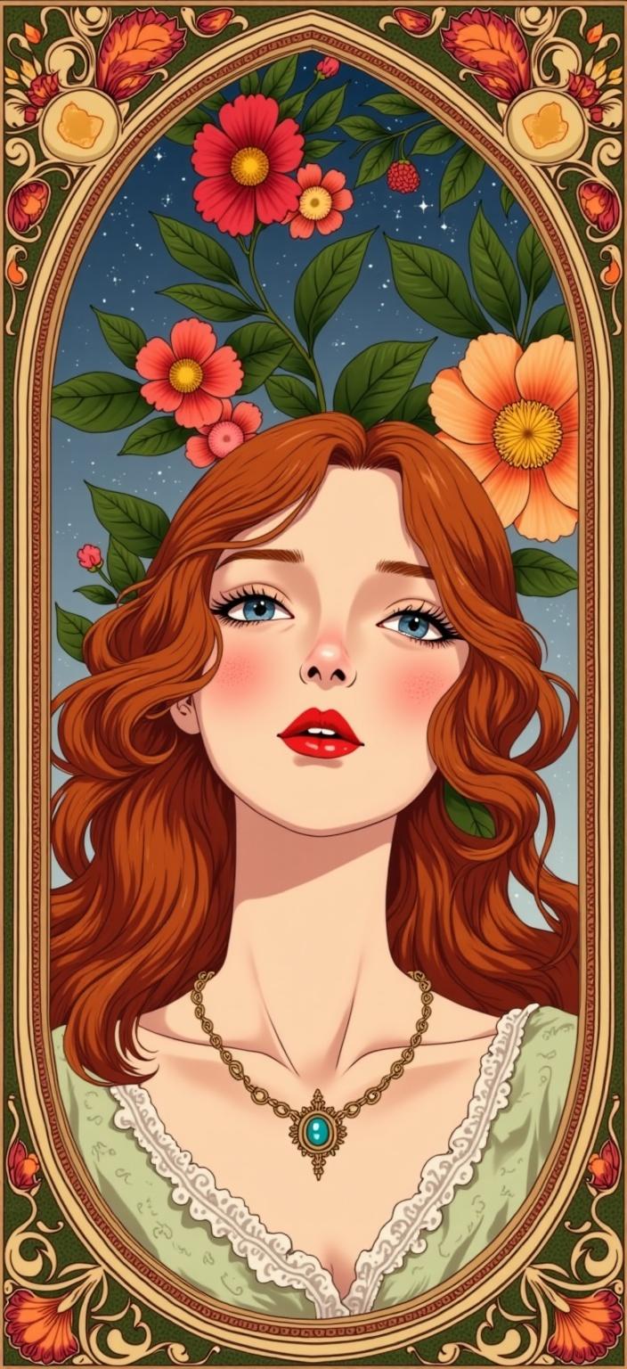 ghibli_illustration, Create an exquisite digital wallpaper featuring a captivating portrait of a woman facing the camera, exuding an aura of elegance and mystery. The artwork captures her serene expression with flowing, organic lines inspired by Mucha’s iconic style, seamlessly integrated into every aspect of the composition. Her auburn hair cascades gracefully, adorned with delicate flowers and vines that symbolize her harmonious connection with nature. This detail resonates with the ornamental essence of Art Nouveau, accentuated by subtle decorative patterns in her attire, creating a visual rhythm that captivates the viewer's gaze.

The centerpiece of the painting is her intricate necklace, a delicate design that catches the viewer's eye, adding to her mystique. In the background, a dreamlike tapestry unfolds, where celestial elements like ethereal stars and gentle moonbeams merge with swirling mists and ornate, geometric patterns. This backdrop evokes a romantic nostalgia, drawing inspiration from a richly detailed, hand-drawn animation style. Vibrant yet slightly muted colors create a warm, inviting atmosphere, maintaining a dreamy, nostalgic quality. 

The composition features exuberant floral motifs of sinuous vines and blooming flowers, enhancing its refined, ornamental charm. An elaborate ornamental frame surrounds the entire scene, reminiscent of a grand Gothic window. This intricate border, adorned with ornate curves and celestial symbols, acts as both a visual anchor and gateway into the ethereal realm depicted.

The painting, with its hand-drawn texture and painterly quality, embodies subtle imperfections and organic movement that breathe life into the scene. Warm, natural lighting envelops the main subject, ensuring she is accurately proportioned and clearly visible, while maintaining a cozy, inviting mood. Everyday objects and textures are meticulously rendered, offering a tangible, lived-in feel.

This digital wallpaper is not only a work of art but also a statement of timeless beauty and elegance. It transforms any digital device into a portal to a dreamlike world, making it an ideal choice for those seeking to elevate their screens with a touch of classic sophistication, while harmoniously blending art with technology.