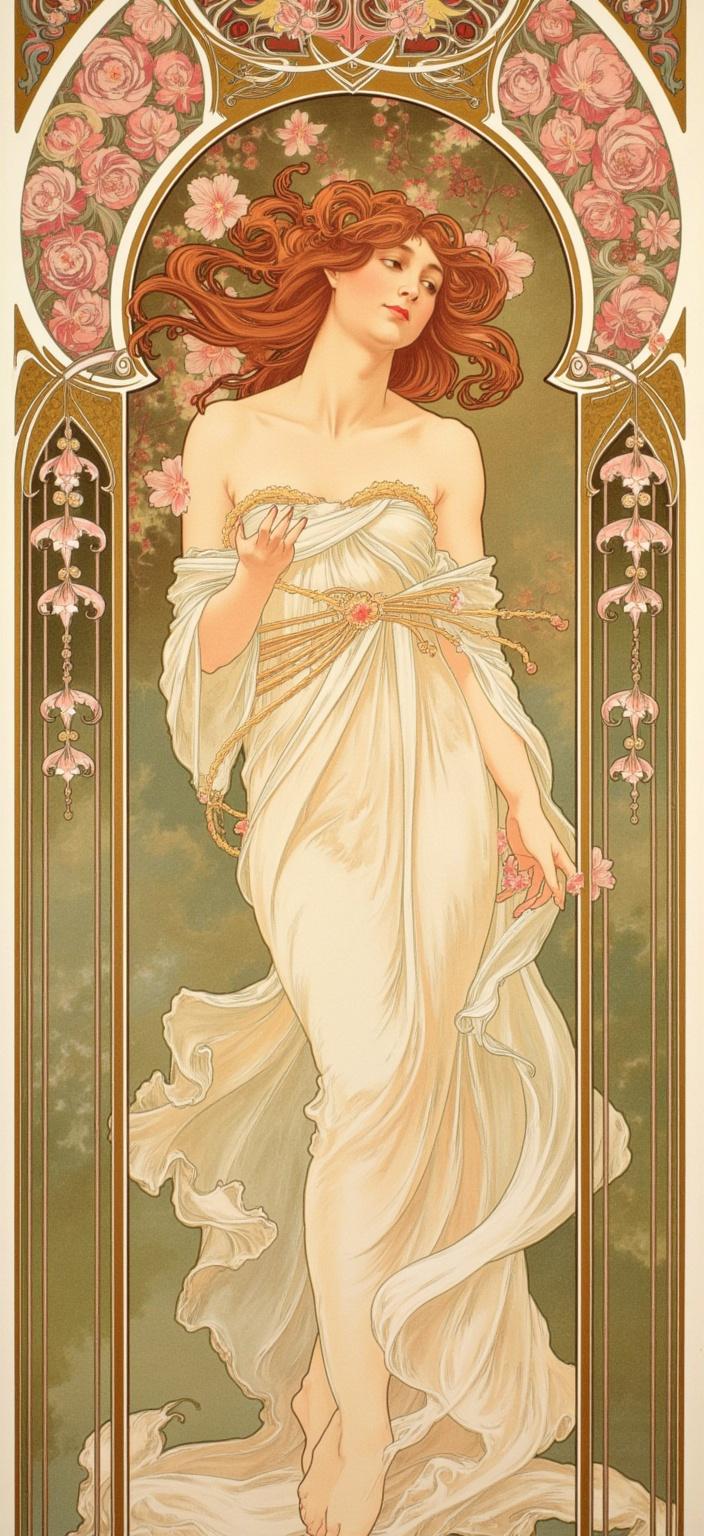 mucha, Enriched prompt: 

In the center of the digital wallpaper, a graceful fairy with flowing auburn hair is depicted standing under a lush canopy of blooming cherry blossoms. Her presence exudes a serene and ethereal beauty, embodied through her gown, which is expertly crafted from layers of delicate petals. Intricately entwined flower vines wrap around her arms, enhancing her connection with nature. The composition draws inspiration from the flowing, organic lines and intricate decorative patterns characteristic of the Art Nouveau style, with a harmonious blend of natural motifs such as flowers, vines, and celestial elements.

The background is highly stylized, creating a dreamlike, romantic aesthetic that merges fine art with design. Rich, delicate colors and exuberant floral motifs, composed of sinuous vines and blooming flowers, are intertwined with subtle geometric patterns, imbuing the scene with a refined, ornamental quality. The entire painting is set within a stylized Art Nouveau frame featuring gold filigree and organic curves, reminiscent of a grand Gothic window. This elaborate, ornate border is adorned with organic patterns, flowers, and celestial symbols, serving as both a visual unifier and a gateway into a poetic realm where nature and human emotion seamlessly intertwine. The intricate embellishments of the frame not only enhance the composition but also invite viewers into a captivating, dreamlike world, making it an ideal centerpiece for a digital wallpaper.