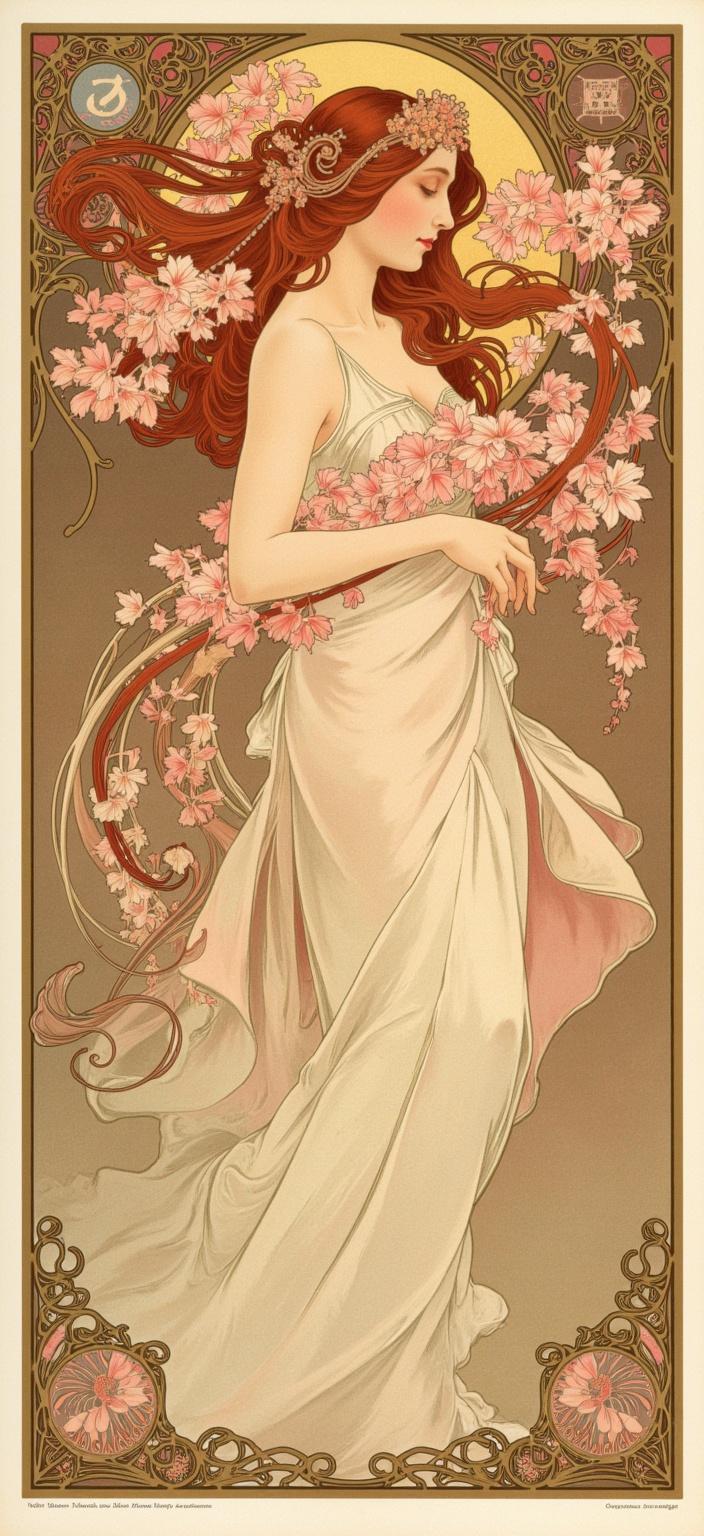 mucha, Certainly! Here's an enriched prompt based on your specifications:

In this captivating digital wallpaper, a graceful fairy with flowing auburn hair is poised elegantly under a lush canopy of blooming cherry blossoms. Her ethereal presence is enhanced by a gown crafted from delicate layers of petals, descending gracefully with the slightest breeze. Vines of intricately woven flowers coil lovingly around her arms, embodying a seamless blend of nature and mysticism.

The composition is brought to life in a style inspired by the flowing, organic lines of Art Nouveau, with an emphasis on intricate decorative patterns. The scene radiates a harmonious blend of natural motifs featuring flowers, vines, and celestial elements, set against a highly stylized background that evokes a dreamlike, romantic aesthetic. The art resonates with the signature touch of Mucha, incorporating a soft palette of delicate colors, intertwined with exuberant floral motifs composed of sinuous vines and blooming flowers. Subtle geometric patterns enrich the scene, adding a refined, ornamental quality to the composition.

The entire scene is elegantly cradled within a stylized Art Nouveau frame. This elaborate border, enriched with gold filigree and flowing organic curves, is reminiscent of a grand Gothic window, complete with intricate embellishments. Adorned with organic patterns, flowers, and celestial symbols, the frame serves not only as a visual unifier but also as a portal into a dreamlike realm, where nature and human emotion intertwine in poetic harmony. This centered composition is designed to be crisp and clean, ensuring it is perfectly suited for application as a digital wallpaper, transforming any space into a serene, artistic sanctuary.