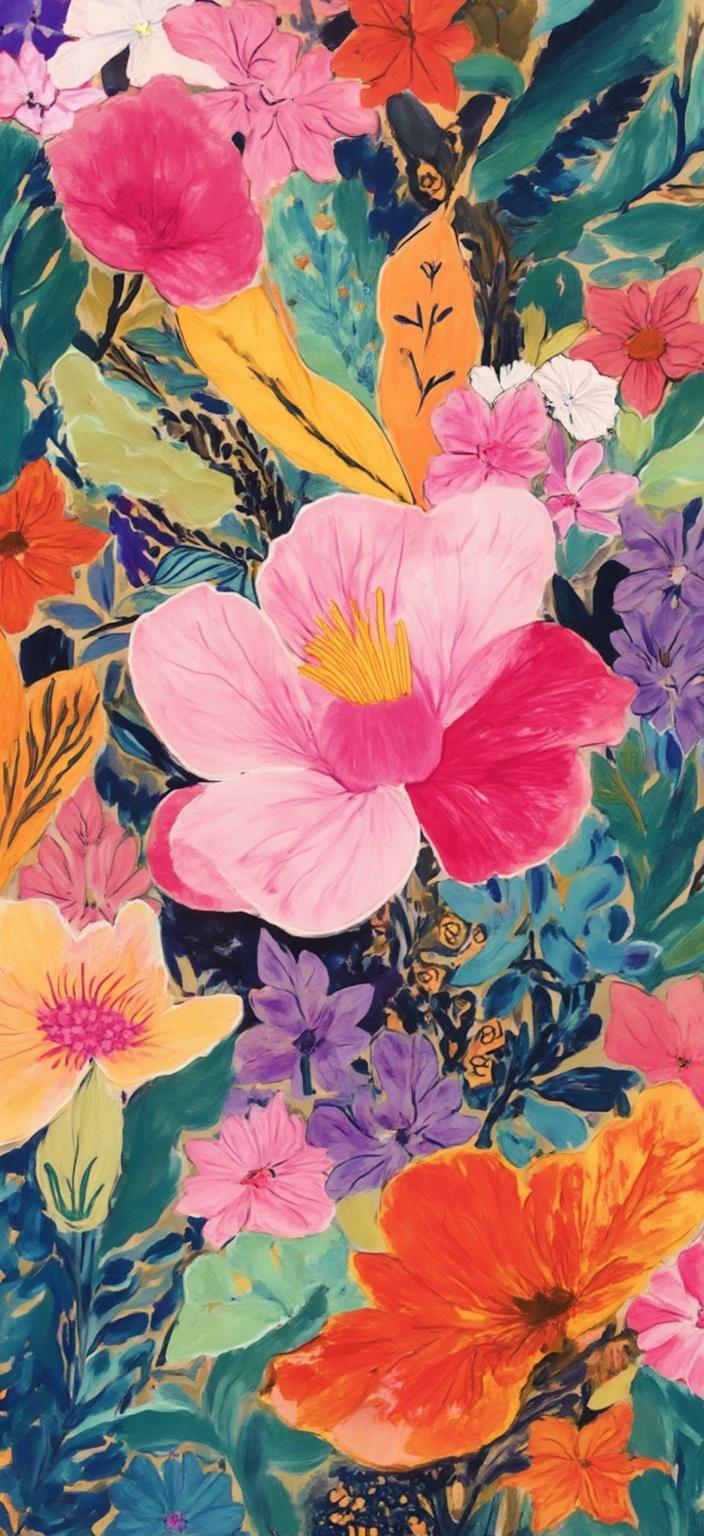 colorful_illustration, A vibrant and colorful illustration capturing a macro shot of dew-kissed magnolia petals, each petal glistening with delicate droplets that reflect a spectrum of colors. The composition exudes a clean and minimal aesthetic, perfectly centered to ensure a crisp and polished look tailored for digital wallpaper. The background is a dynamic dance of organic shapes, featuring scattered decorative elements like dots and swirls, interspersed with an array of leaves and floral motifs. These elements are meticulously arranged to create a natural, free-flowing quality, infused with a sense of exuberance and life. The painting draws inspiration from a lavish, decorative style, blending bold organic shapes with intricate details that evoke a sense of depth and movement. The luxurious layering of colors and patterns, reminiscent of Scandinavian folk art and mid-century botanical prints, adds a hand-drawn feel, making the artwork as lively as it is serene. The intricate composition invites the viewer to explore its playful yet harmonious elements, making it an ideal centerpiece for any digital display.
