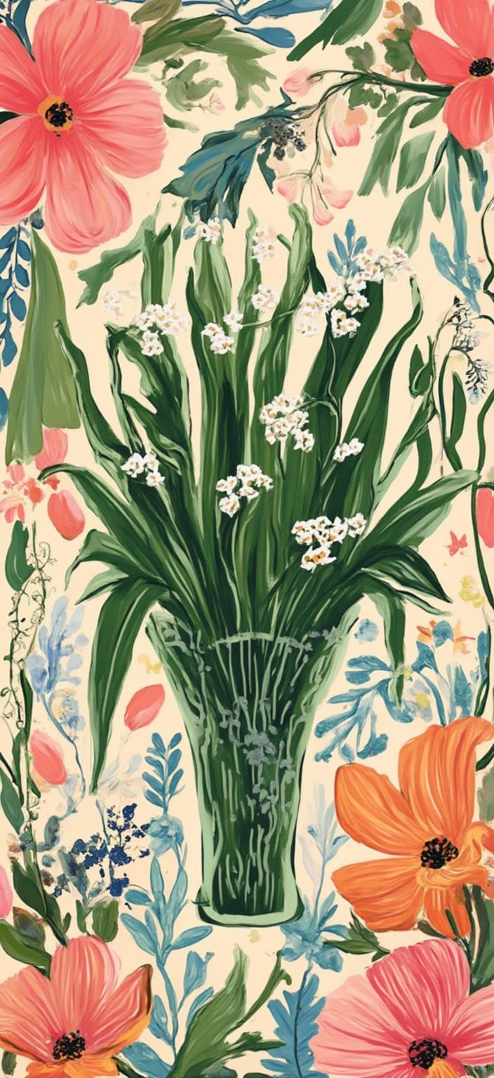 colorful_illustration, In the center of the composition, a stunning bouquet of Lily of the Valley is elegantly arranged within a minimalist vase. Each delicate flower, with its nodding white bells, is meticulously detailed, their slender stems and lush green leaves creating a captivating contrast. The bouquet stands out vividly against a playful and dynamic background that draws from both vibrant and colorful illustration and a lavish, decorative style. Organic shapes weave through the backdrop, with scattered decorative elements such as dots, swirls, and abstract motifs interspersed harmoniously. Various leaves and floral elements border the bouquet artfully, echoing the hand-drawn feel typical of Scandinavian folk art and mid-century botanical prints. A luxurious layering of colors brings depth, while a natural, free-flowing quality infuses the composition with movement and life. These intricate details and bold organic shapes create a lush tapestry that embodies a bohemian minimalist aesthetic. The art piece is precisely centered, ensuring a crisp and clean look, ideal for a digital wallpaper that transforms any digital space into a botanical oasis.