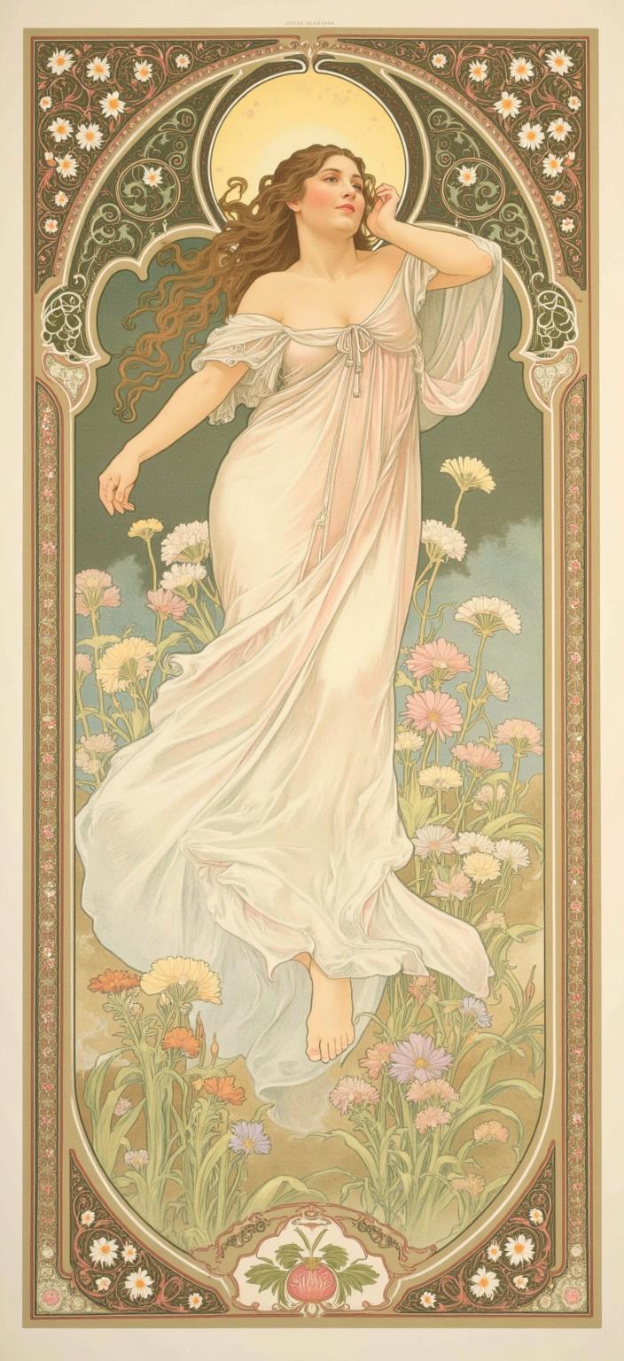mucha, In Alphonse Mucha's Art Nouveau style, this digital wallpaper features a graceful woman dancing barefoot in a spring garden at dawn. Her elegant, flowing dress captures the first light of the morning, accentuating her gentle movements amidst a sea of blooming flowers. The soft morning mist creates an ethereal atmosphere, enhancing the dreamlike quality of the scene. 

Painted with flowing, organic lines, the intricate decorative patterns beautifully weave through the composition. The harmonious blend of natural motifs, such as flowers, vines, and celestial elements, is set against a highly stylized background that evokes a romantic, enchanted aesthetic. This image seamlessly merges fine art with design, drawing inspiration from Mucha’s signature style.

The color palette is composed of delicate hues, with exuberant floral motifs of sinuous vines and blooming flowers. Subtle geometric patterns enrich the composition, adding a refined, ornamental quality. The entire scene is enclosed within an elaborate ornamental frame, reminiscent of a grand Gothic window. This intricate border, adorned with organic patterns, flowers, and celestial symbols, serves not only as a visual unifier but also as a gateway into a dreamlike realm where nature and human emotion intertwine in poetic harmony.

Designed with a centered composition, the artwork ensures a crisp, clean look suitable for printing as a digital wallpaper, bringing an element of timeless elegance and natural beauty to any space.