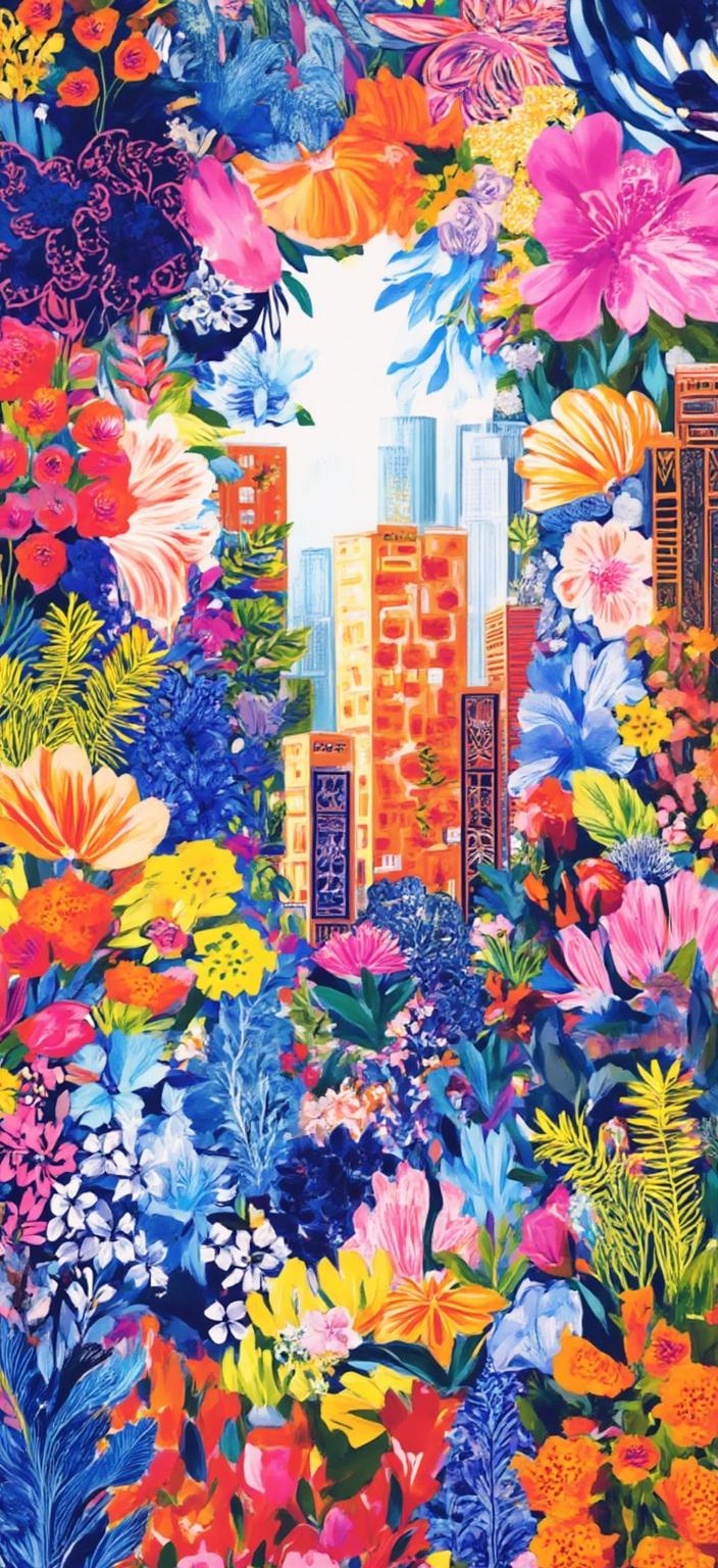 colorful_illustration, Enriched prompt: Imagine a vibrant and colorful illustration that captures the essence of technology in a playful, dynamic, and hand-drawn feel. At the center of this digital wallpaper, a futuristic cityscape emerges, where sleek skyscrapers intertwine with lush greenery, symbolizing the harmonious blend of nature and technology. The buildings are adorned with intricate, decorative patterns, reminiscent of Scandinavian folk art, with bold organic shapes and delicate details. Scattered throughout the composition are ornamental elements like dots, swirls, and abstract motifs, creating a whimsical atmosphere.

The background is a tapestry of organic shapes and floral elements, artistically arranged to evoke a sense of depth and movement. Various leaves and flowers radiate outward, their shapes inspired by mid-century botanical prints, adding a natural, free-flowing quality to the scene. The lavish layering of colors and patterns breathes life into the artwork, inviting viewers to explore the luxurious depth of the composition.

This digital wallpaper is designed to be a crisp and clean centerpiece, perfect for printing. It offers a captivating visual experience that celebrates the intricate beauty of technology intertwined with the elegance of nature, set against a backdrop crafted to inspire wonder and imagination.