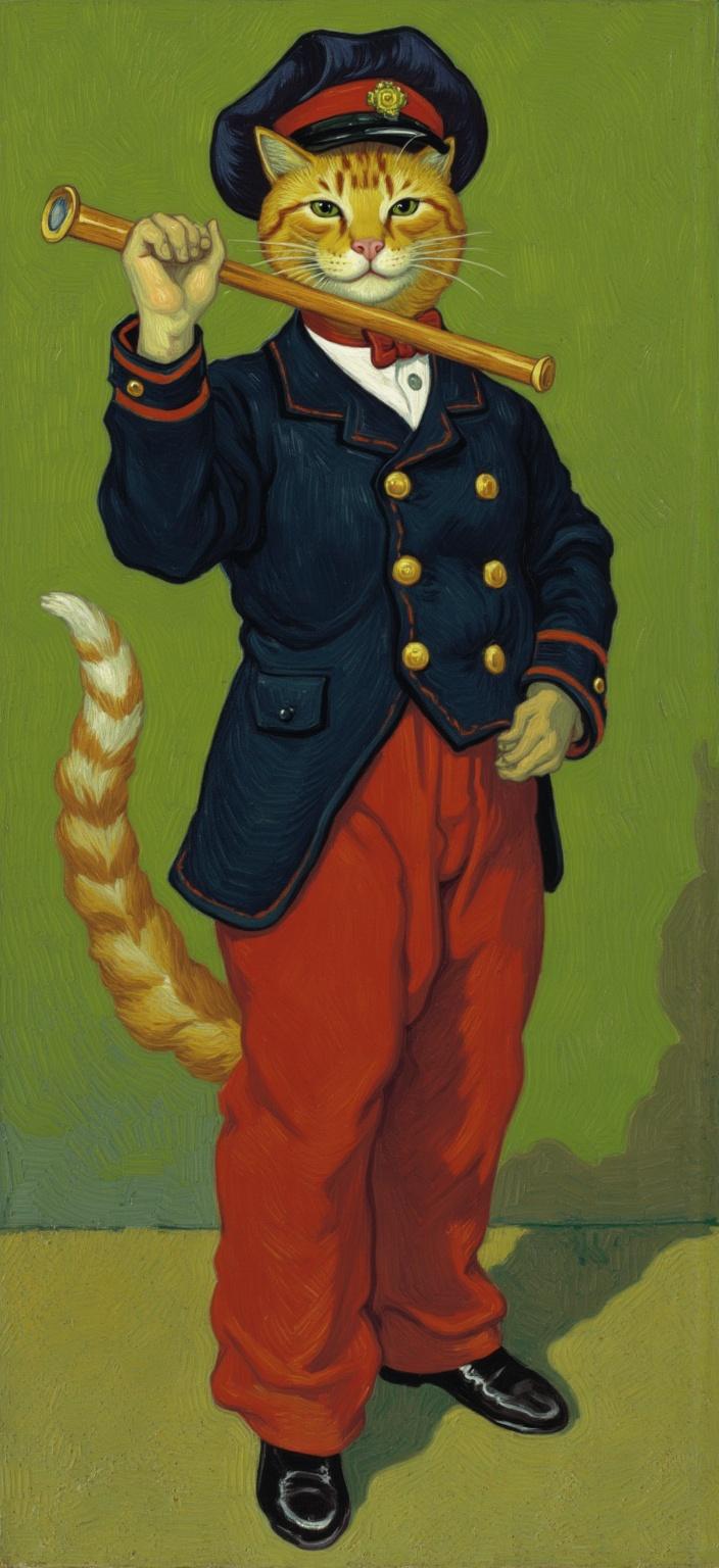 van_gogh, Create a captivating digital wallpaper featuring an orange tabby cat standing proudly in a meticulously detailed 19th-century military band uniform, inspired by Édouard Manet’s ‘The Fifer’. The scene is alive with intense color and dynamic brushwork, embodying a sense of motion and life reminiscent of expressionistic styles. The cat is elegantly dressed in red trousers and a dark navy jacket adorned with gleaming gold buttons. It wears a military-style hat, richly detailed with red, black, and gold accents, adding to the historical authenticity of the ensemble.

The cat's pose is both graceful and assertive as it holds a flute aloft. Its left paw is delicately placed in front, gripping the flute with precision, while the right paw provides subtle support from behind. With its tail poised elegantly behind it, the cat exudes an aura of calm dignity and proud confidence, its expression serene yet authoritative.

The background naturally complements the subject with a vibrant, painterly olive green, channeling the essence of classical oil painting through a tapestry of soft shadows and textured brushwork. The use of vivid, rich colors applied in thick, impasto layers captures a sense of emotional depth and urgency, elevating the visual impact. Bold complementary color contrasts enrich the scene, with swirling, energetic brushstrokes adding a rhythmic, pulsating quality. This dynamic and expressive composition is perfect for a crisp, clean digital wallpaper, ensuring a striking and compelling visual experience suitable for any setting.