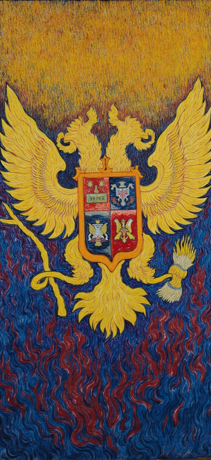 van_gogh, An exquisite painting of the Imperial Russian coat of arms is portrayed with a captivating and dynamic energy. The artwork is brought to life with an intense color palette, bursting with vivid, rich hues that create a powerful visual impact. The coat of arms stands prominently at the center against a backdrop of bold complementary colors, such as deep blues intermingling with fiery oranges, and vibrant yellows contrasted against regal purples. This dramatic interplay of colors not only accentuates the coat of arms' intricate details but also imbues the image with a pulsating sense of motion.

The brushwork is vigorous and expressive, featuring thick, impasto layers that add a tangible texture to the piece. Energetic, swirling brushstrokes create curly, flame-like patterns that wrap around the coat of arms, enhancing its majestic aura and adding a rhythmic flow to the composition. This dynamic approach brings a sense of life and movement to the emblem, transforming it into a grand spectacle.

The painting is infused with raw emotion and urgency, making it not only a representation of the imperial symbol but also a deeply personal and universally compelling artwork. The expressive nature of the brushstrokes and the intense color scheme invite viewers to explore the emotional depth and historical significance of the coat of arms, making it a striking centerpiece for a digital wallpaper.