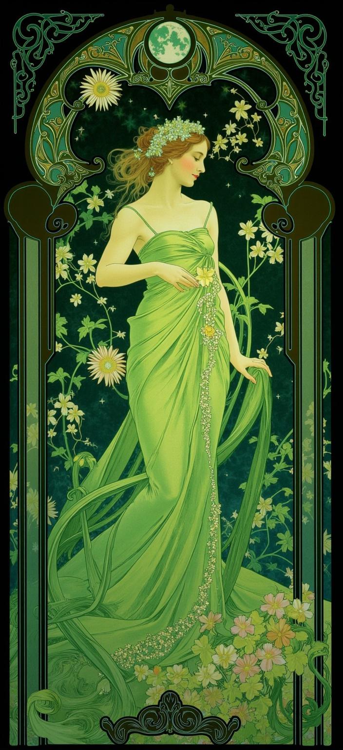 mucha, Title: "Ethereal Garden of Night"

Enriched Prompt: Imagine a breathtaking digital wallpaper that captivates with its vibrant neon green color scheme, juxtaposed against a deep, dark background for maximum visual impact. The heart of the artwork is adorned with flowing, organic lines that weave through intricate decorative patterns, drawing inspiration from the enchanting style of Alphonse Mucha. This dreamlike scene blends exquisite floral motifs and harmonious natural elements, such as delicate flowers and curling vines, with celestial symbols like stars and crescent moons.

The composition is brought to life with Mucha's signature blend of subtle geometric patterns and vibrant yet delicate colors that together create an exuberant atmosphere. Sinuous vines and blooming flowers cascade throughout the image, enhancing its refined, ornamental quality. Every element is thoughtfully arranged to convey a sense of romantic aesthetic and a seamless merge of fine art with captivating design.

Surrounding this mesmerizing scene is an elaborate ornamental frame, reminiscent of a grand Gothic window. The frame's sweeping curves and detailed embellishments bind the artwork, adorned with organic patterns, flowers, and celestial icons. This intricate border serves as both a visual unifier and a gateway into a whimsical realm where nature and human emotion merge in poetic harmony.

This digital wallpaper offers a captivating, crisp, and clean composition, centered to perfection, making it suitable for stunning print. Let this piece take you on a journey through a night garden, pulsating with vivid neon greens and lush dark contrasts, inviting you into a world where the boundaries between nature and dream beautifully blur.