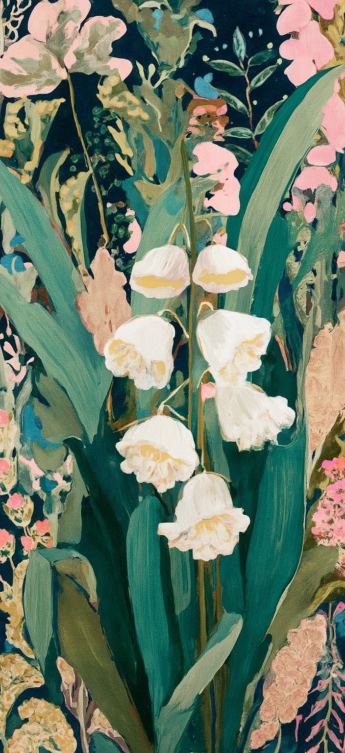 colorful_illustration, Enriched prompt:

Create a stunning digital wallpaper featuring a bouquet of Lily of the Valley in a botanical boho minimalist style. The composition captures the essence of these delicate white flowers, each bell-shaped bloom meticulously detailed to evoke a sense of purity and grace. The flowers are gathered into an elegant arrangement, with their slender green stems and broad leaves adding depth and contrast.

The artwork draws inspiration from a vibrant and colorful illustration style, characterized by a playful, dynamic, and hand-drawn feel. The background is alive with organic shapes, providing a lively yet serene canvas for the bouquet. Scattered decorative elements—such as dots, swirls, and abstract motifs—interweave with various leaves and floral elements, creating a natural, free-flowing quality throughout the design.

Incorporating elements of a lavish, decorative style, the artwork features an intricate composition that seamlessly blends bold organic shapes with delicate details. The luxurious layering of colors and patterns introduces a sense of depth and movement, as if the flowers are gently swaying in a soft breeze.

Drawing from Scandinavian folk art and mid-century botanical prints, the organic shapes and radial floral patterns enrich the scene with a harmonious, hand-drawn feel. The overall design maintains a crisp and clean appearance, perfectly suited for printing as a digital wallpaper. This ensures the artwork will serve as a captivating and elegant centerpiece on any digital device, bringing a touch of natural beauty and sophistication to your space.