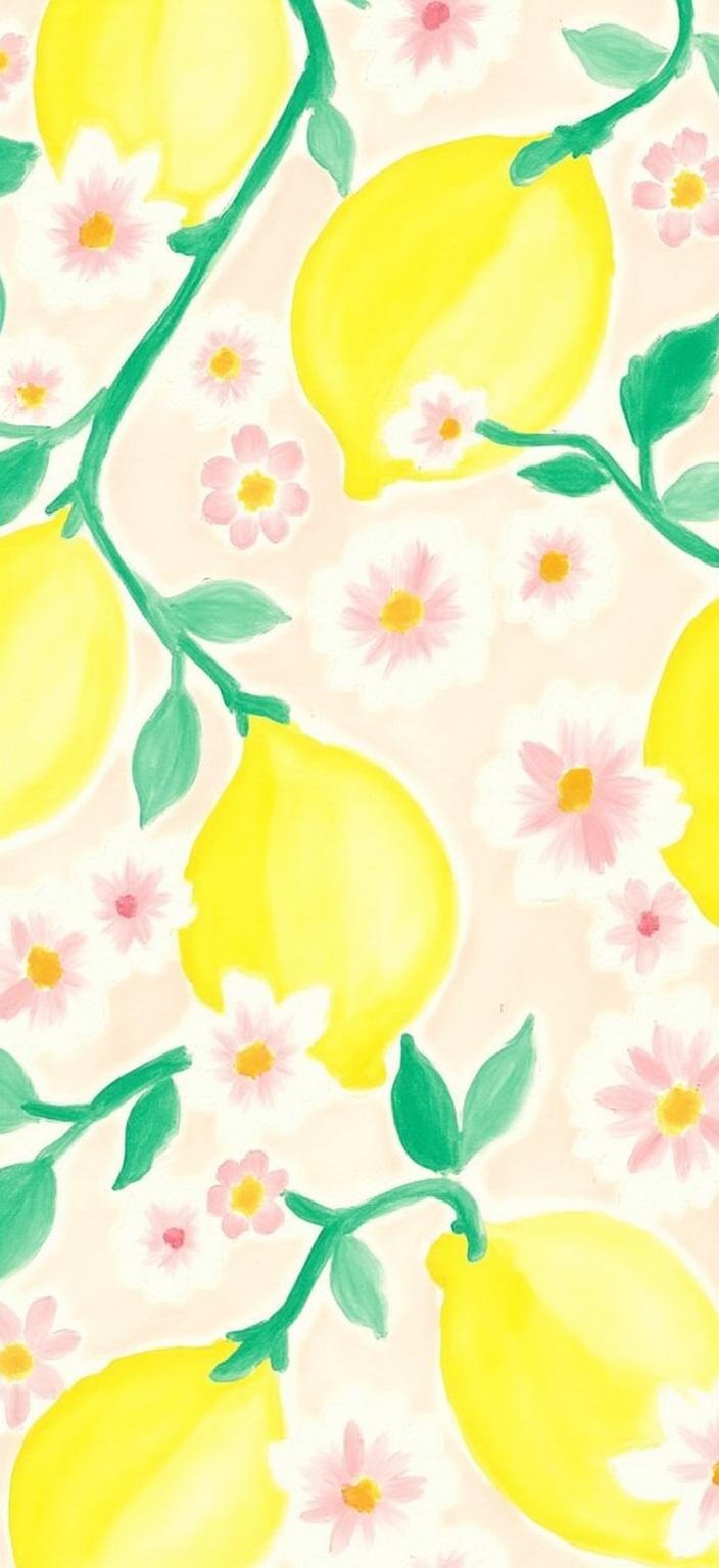 mattise_nice, Create a vibrant and fresh watercolor painting centered around lemons and blossoms, drawing inspiration from Matisse's playful and vivid "Nice" period. The composition features ripe, sun-kissed lemons with their glossy yellow skins gleaming under the soft light, surrounded by a delicate array of white and pink blossoms. The backdrop is a pale yellow, creating a harmonious and cheerful atmosphere that complements the vivid colors of the fruit and flowers. The painting is designed with a modern, clean aesthetic perfect for digital wallpaper, ensuring a crisp and elegant appearance on any screen or print. The arrangement is centered, allowing each element to shine individually while contributing to the overall lively and joyful pattern reminiscent of a sunlit Mediterranean garden.
