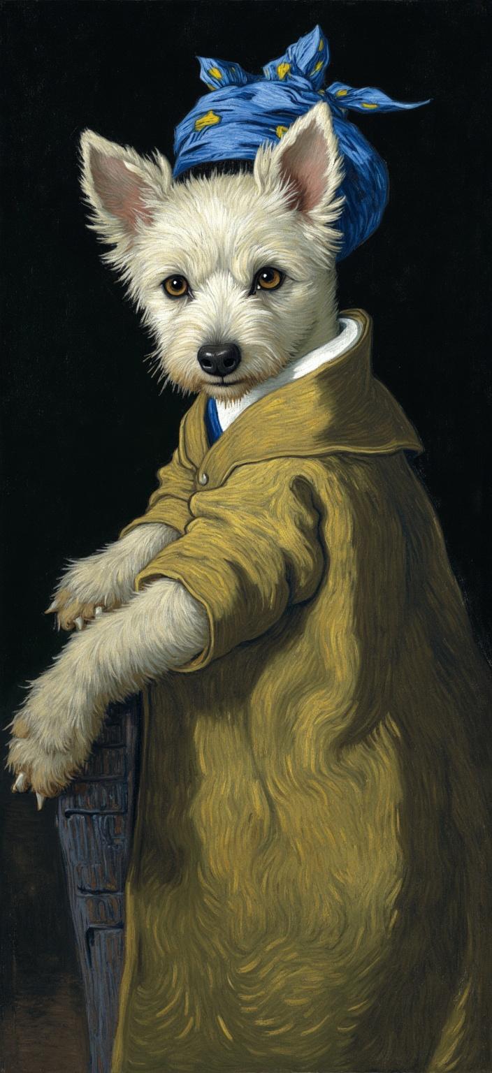 van_gogh, In the center of the digital wallpaper, a West Highland White Terrier takes on an extraordinary transformation, inviting the viewer into a whimsical blend of classic and contemporary art. The small, fluffy dog is adorned with the iconic attire from Vermeer’s ‘Girl with a Pearl Earring,’ exuding an air of sophistication and intrigue. The pup's expressive eyes captivate in a three-quarter pose, drawing the observer into its world, with its gaze veiled in mystery and charm.

A golden-brown cloak drapes gracefully over the terrier's body, flowing with a rich texture that echoes the elegance of Dutch Baroque realism. The large blue and yellow headscarf, tied with deliberate precision, amplifies the dog's regal aura, while a shiny pearl earring dangles delicately from its ear, completing the classic ensemble with a touch of timeless beauty.

The painting style takes inspiration from an intense, emotionally charged palette that breathes life into the scene. Vivid, rich colors of deep blues and warm browns merge with the moody background, applied in thick, impasto layers. This technique creates a sense of depth and movement, highlighting the terrier against the dark backdrop with bold, expressive brushstrokes.

The energetic brushwork swirls around the figure, with patterns that mimic flames, imbuing the painting with vibrancy and rhythm. Bold complementary contrasts of color, such as the blue of the headscarf against the warm tones of the cloak, enhance visual impact and intensity, drawing the observer deeper into the artwork's narrative.

Overall, this digital wallpaper, set for display with a crisp, clean look, embodies a unique fusion of classical elegance and dynamic, modern expressiveness, making it an enchanting addition to any collection.