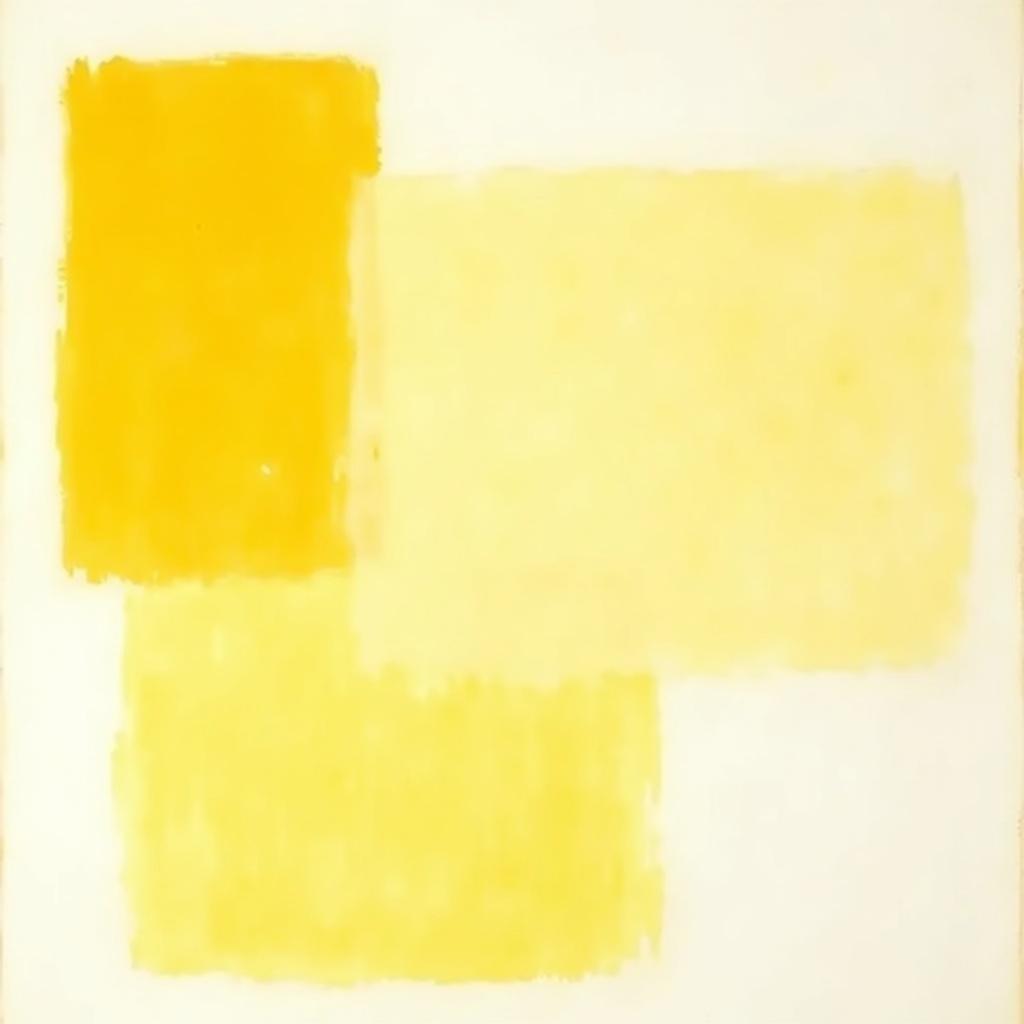 rothko, The painting features an ethereal composition of floating rectangles in shades of yellow and white, harmoniously arranged to create a serene yet dynamic visual experience. The style draws inspiration from the technique of complex layering, where translucent colors blend seamlessly to allow light to filter through, infusing the artwork with an “inner light” and remarkable luminosity. Up close, the colors appear to melt and fuse together, with blurred boundaries between the shapes, creating a sense of fluidity and movement. From a distance, the soft-edged rectangles hover weightlessly on the canvas, like floating zones of color suspended in space. The richly varied surfaces are accentuated by paint drips and strokes that run in unconventional directions, adding depth and texture to the piece. This captivating artwork is beautifully centered, ensuring a crisp, clean look that is perfect for printing onto wall art, transforming any space into a tranquil haven of color and light.