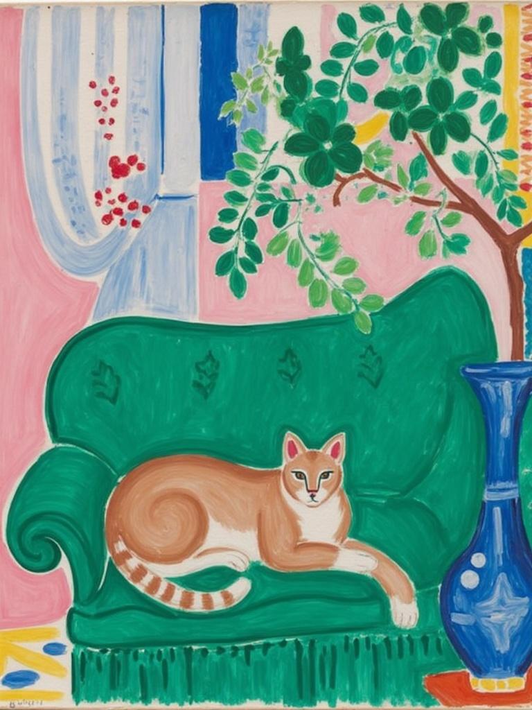 mattise_nice, A vibrant and captivating painting captures a serene domestic scene, inspired by the "Matisse in Nice" style. At the heart of the composition, a graceful cat lounges luxuriously on a plush, green couch, its fur subtly catching the light, revealing a soft shimmer. The couch itself is invitingly upholstered, its deep emerald hue reminiscent of the lush foliage surrounding Matisse's Nice studio. Beside the couch, an elegantly shaped blue vase stands proudly, its glossy surface reflecting the ambient light and echoing the azure tones often found in Matisse's work. The interplay of cool blues and rich greens creates a soothing harmony that envelops the viewer, drawing them into this peaceful interior. The entire image is meticulously balanced and centered, ensuring a crisp, clean look that enhances its suitability for digital wallpaper, offering both aesthetic pleasure and tranquility to any space it adorns.