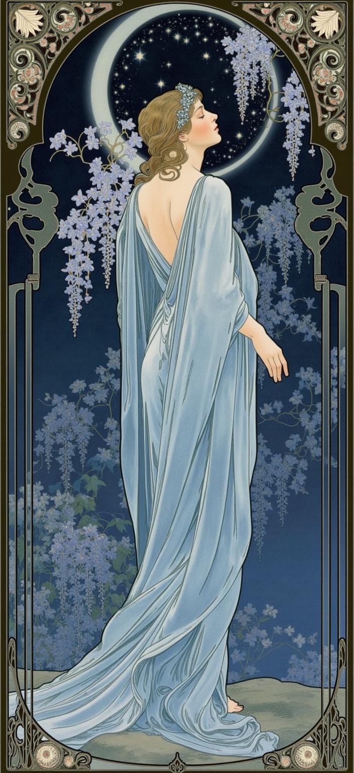 mucha, In a captivating Alphonse Mucha-inspired digital wallpaper, the scene unfolds on a mystical spring night where a mysterious figure stands as the centerpiece, draped in ethereal robes of deep blue and shimmering silver. The figure exudes an enigmatic aura, their form partially illuminated by the gentle glow of a crescent moon suspended in a sky teeming with twinkling stars. Wisteria and night-blooming jasmine, their fragrances seemingly wafting through the air, entwine themselves around the scene, their delicate blossoms echoing the tranquility of the night.

The painting is rendered in Mucha's signature style, characterized by flowing, organic lines and intricate decorative patterns that breathe life into the composition. The harmonious blend of natural motifs—flowers, vines, and celestial elements—comes alive against a highly stylized background that evokes a dreamlike, romantic aesthetic. Subtle yet exquisite colors, a hallmark of Mucha's palette, suffuse the image, while exuberant floral motifs composed of sinuous vines and blooming flowers embellish the scene with a refined, ornamental quality.

Enclosing this nighttime tableau is an elaborate ornamental frame, its intricate design reminiscent of a grand Gothic window. Sweeping curves and detailed embellishments create a visual continuity, while organic patterns, flowers, and celestial symbols within the border enhance its role as both a visual unifier and a gateway into a poetic realm. Here, nature and human emotion merge in harmonious poetry, with the entire composition offering a serene yet captivating visual experience suitable for digital wallpaper, inviting viewers to lose themselves in its tranquil beauty.