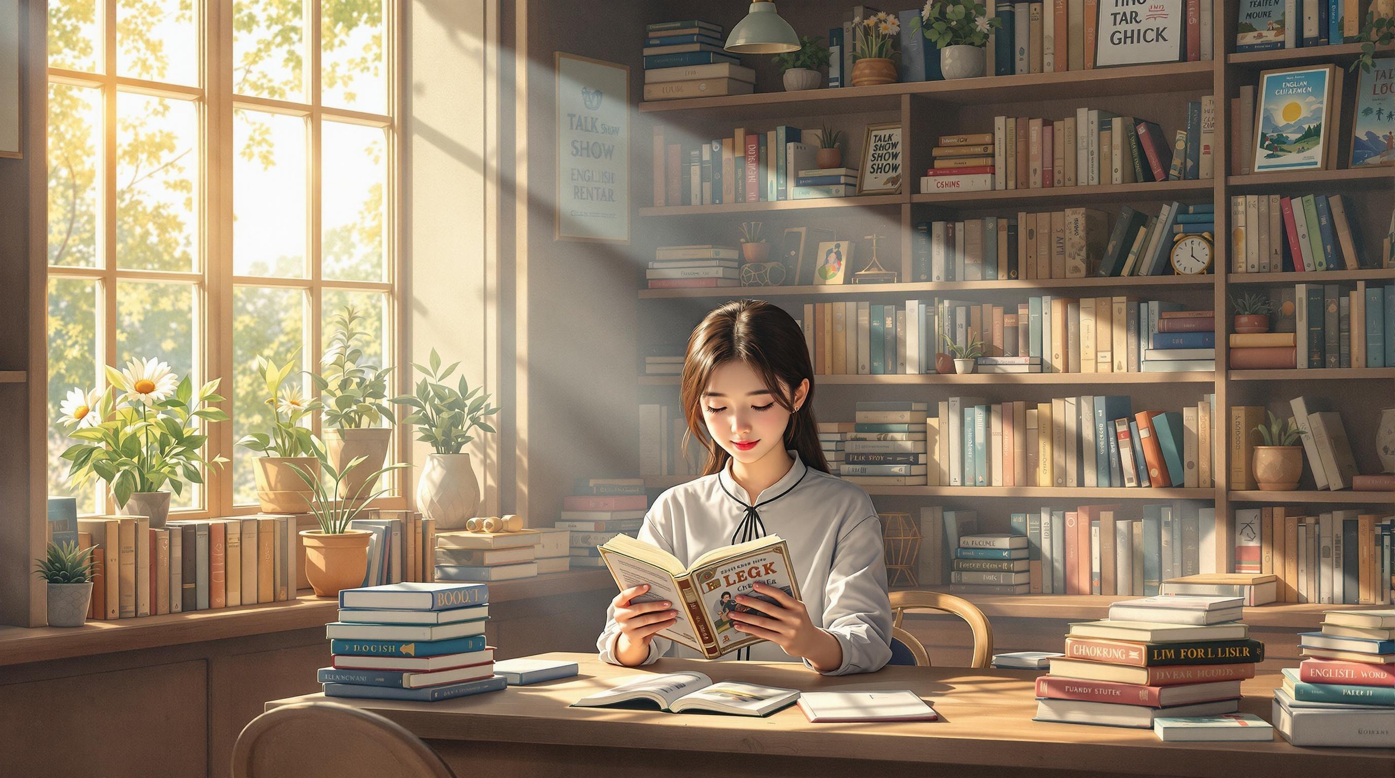 , ('"Step into a serene and inviting scene, embodied in the warmth of a classical painting. The focus is a cozy corner of \'Talk Show English Rental Bookstore,\' a unique haven where learning and leisure intertwine. A 12-year-old Chinese female student is the centerpiece, her youthful face alight with curiosity and determination as she leafs through an English book. Her surroundings are a blend of rustic wooden shelves laden with a rich tapestry of colorful books, reflecting the promise of knowledge and adventure.\n\nThe ambient lighting casts soft shadows, creating an inviting atmosphere that beckons both children and adults alike. The walls are adorned with classic motifs and subtle educational posters, harmonizing with the traditional style. The classical style enriches the narrative with timeless elegance, making every intricate detail resonate with the viewer.\n\nIn the background, gentle sun rays stream in through a large window, indicating the promise of a new summer day and symbolizing the bright future awaiting those who embrace the joys of reading and learning. This beautifully balanced composition is centered, ensuring a crisp and clean look, ideal for enhancing any decor as a printed masterpiece."',)