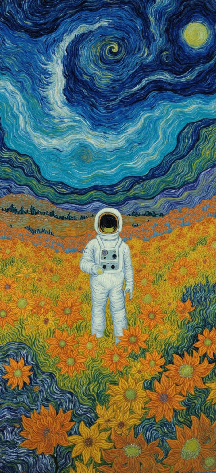 van_gogh, A captivating scene unfolds on the canvas, portraying an astronaut standing amidst a vibrant garden of alien flowers on a far-off planet. The landscape is a spectacular showcase of lush, otherworldly flora, each blossom pulsating with vivid, rich colors—electric blues and fiery oranges, lemon yellows and deep purples—that contrast boldly against the muted, celestial hues of the distant planet's terrain. The painting draws inspiration from a style characterized by intense color, dynamic brushwork, and bold, expressive compositions. The flowers seem to dance around the astronaut, their forms defined by thick, impasto layers of paint that create an extraordinary sense of movement and emotional depth.

Brushstrokes flow with vivid energy, swirling in curly, flame-like patterns that imbue the surface with rhythmic, almost pulsating life. The background showcases the vastness of space, with swirling galaxies and distant stars painted in a dynamic interplay of vigorous, linear patterns. These provide a striking, dramatic backdrop to the life-filled foreground, reinforcing the astronaut's solitary, yet mesmerizing presence in this alien world.

An emotional resonance permeates the scene, infused with raw emotion and urgency—a testimony to human exploration and wonder amidst the universe's vastness. The artwork is both deeply personal and universally compelling, capturing the adventurous spirit of discovery and the beauty of the unknown. Through its intense colors, contrasting elements, and energetic brushwork, this painting achieves a captivating visual impact suitable for a digital wallpaper, ensuring a crisp, clean look when printed, offering a window into an imaginative, cosmic journey.