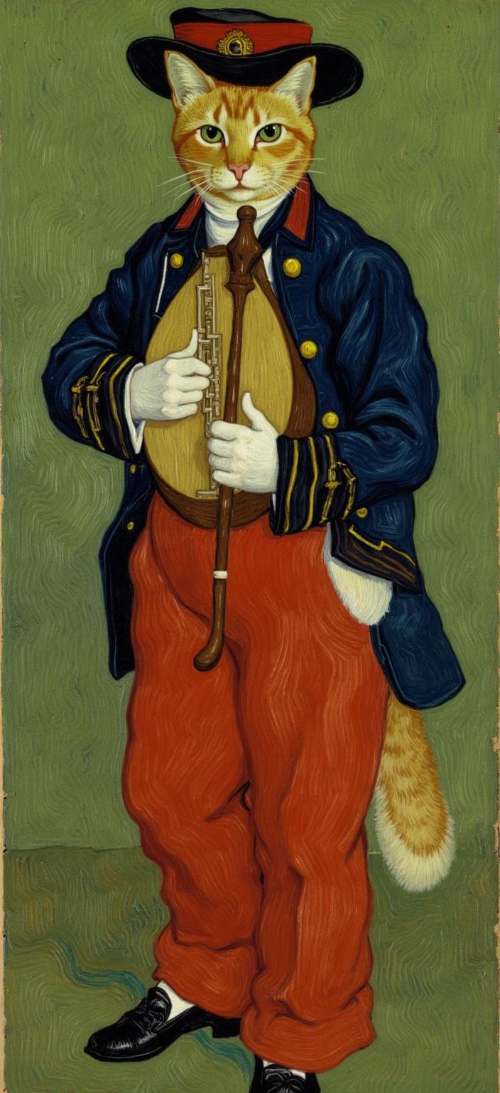van_gogh, A captivating digital wallpaper centers around an orange tabby cat embodying the sophistication and poise reminiscent of a 19th-century military band member. Dressed in an intricately designed ensemble inspired by Édouard Manet’s ‘The Fifer’, the cat stands proudly, exuding an aura of calm confidence. Its attire is meticulously detailed, featuring bright red trousers paired with a dark navy jacket adorned with gleaming gold buttons, capturing the essence of traditional military elegance. Atop its head sits a finely crafted military-style hat, embellished with striking red, black, and gold accents, adding to its distinguished appearance.

In its paws, the cat holds a flute with precision, contrasting the horizontal lines of the instrument with the flowing lines of its own fur. The left paw primarily supports the lute, with the right hand and paw positioned on the viewer’s right, creating a dynamic visual tension. The cat’s tail, elegantly curved, peeks out from behind, adding a playful yet regal element. Its expression is one of serene dignity, inviting the viewer into its world of quiet strength.

The background is a rich olive green, painted in the mesmerizing style of classical oil paintings. This backdrop, imbued with soft shadows and textured nuances, perfectly complements the cat's attire. The overall composition draws inspiration from an evocative style characterized by intense color and dynamic brushwork. Vivid, rich shades are applied in thick, impasto layers, creating a canvas alive with movement and emotional depth. Bold complementary color contrasts, like blue and orange, heighten visual impact and intensity.

The brushstrokes are loose and energetic, swirling delicately around the subject like flame-like patterns, infusing the scene with a rhythmic, almost pulsating quality. This dynamic touch brings an extraordinary sense of motion and life, making the artwork deeply personal yet universally compelling. Ideal for a digital wallpaper, this piece ensures a crisp, clean look suitable for display, capturing the viewer's attention with its blend of historical charm and modern artistry.