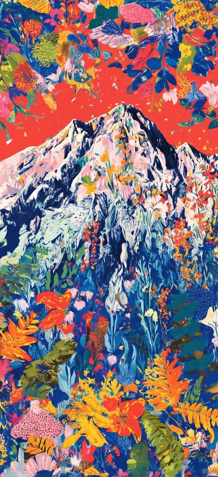 colorful_illustration, A vibrant and colorful illustration capturing the majestic beauty of Mount Everest, designed with a playful and dynamic hand-drawn feel. The towering peaks of the world's highest mountain are depicted with intricate detail, showcasing the rugged textures and snow-capped summits that define its iconic silhouette. The background is a lively tapestry of organic shapes and scattered decorative elements, infused with an array of various leaves and floral elements that harmoniously cascade across the canvas. These botanical motifs add a natural, free-flowing quality, enriching the composition with a sense of movement and depth.

Drawing inspiration from the lavish and decorative style, the artwork intricately blends bold organic shapes with delicate details. Scattered ornamental elements like dots, swirls, and abstract motifs create an intricate and ornate composition, reminiscent of Scandinavian folk art and mid-century botanical prints. This luxurious layering of colors and patterns evokes a sense of richness and dynamism, inviting the viewer into a captivating visual journey.

The image is centered to ensure a crisp, clean look, making it perfectly suited for printing as a digital wallpaper. The serene yet powerful presence of Mount Everest is complemented by the vibrant and harmonious design elements, crafting a masterpiece that celebrates both the grandeur of nature and the elegance of artistic expression.