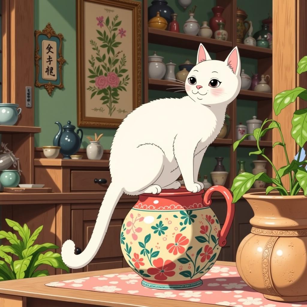 ghibli_illustration, In a serene and whimsical setting, the image showcases a charming white cat perched gracefully atop an intricately designed vase. The scene is imbued with a sense of nostalgia and dreamlike quality, reminiscent of hand-drawn animation. The richly detailed background hums with life, featuring everyday objects and textures that are meticulously rendered, inviting a sense of tangibility and warmth. The atmosphere is bathed in warm, natural lighting, casting a cozy and inviting mood across the scene. 

The white cat, with its expressive character design, is the heart of the composition, its fur softly detailed with subtle imperfections that add to the organic feel of the artwork. It gazes out with animated curiosity, its presence both whimsical and joyful. The bright colors are vivid yet slightly muted, steering clear of harsh contrasts, which enhances the painting's nostalgic quality.

The texture of the artwork is painterly, with a hand-drawn feel enhanced by delicate pencil sketches and subtle imperfections that suggest organic movement. This art piece is centered, ensuring a crisp, clean look perfect for wall art, making it a captivating focal point in any room. The overall composition captures a moment of peaceful wonder, drawing the viewer into its richly detailed world.