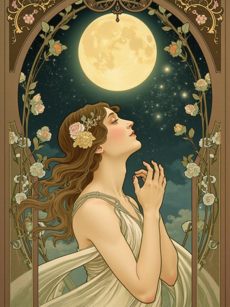 mucha, In this captivating digital wallpaper, a young woman stands centrally within the composition, her gaze directed upwards toward the vast night sky. Her expression conveys a sense of wonder and introspection as she beholds the luminous full moon, which casts a gentle, ethereal glow across the scene. The night is deep and dark, yet illuminated by the shimmering moonlight that dances upon her serene features.

The artwork is infused with the flowing, organic lines characteristic of the style, intertwining intricate decorative patterns that swirl around the woman like a gentle breeze. Her surroundings are a harmonious tapestry of natural motifs, with delicate flowers and sinuous vines weaving around her, creating an aura of enchantment. Celestial elements such as stars and soft nebulae are subtly incorporated, enhancing the dreamlike, romantic aesthetic of the piece.

The background is highly stylized, a realm where art and design converge seamlessly. The palette consists of delicate, muted colors—soft pastels and gentle earth tones—that evoke a sense of tranquility and refined beauty. The exuberant floral motifs, composed of blooming flowers and subtle geometric patterns, add an ornamental quality to the scene, reminiscent of Mucha’s signature artistry.

Encircling the entire scene is an elaborate ornamental frame, akin to a majestic Gothic window. Its sweeping curves and detailed embellishments, adorned with organic patterns, flowers, and celestial symbols, not only unify the composition but also serve as a gateway into this poetic realm. Within this artful border, nature and human emotion intertwine in a serene dance, inviting viewers into a world where dreams and reality blend in perfect harmony. This mesmerizing digital wallpaper not only captures the imagination but also serves as a stunning visual centerpiece, ideal for transforming any space into a sanctuary of artistic elegance.