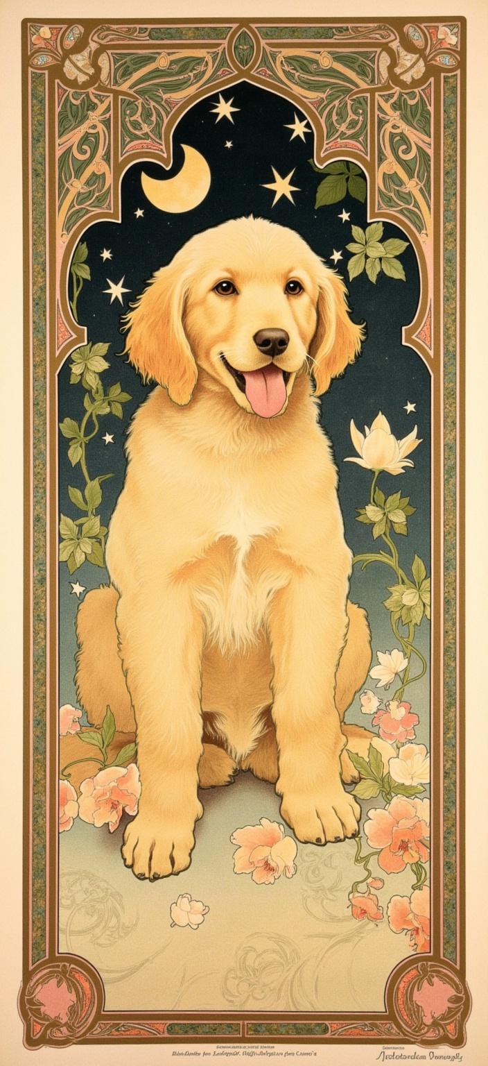mucha, Enriched prompt: 

Picture a delightful golden doodle puppy at the heart of this captivating digital wallpaper, radiating joy and warmth with its bright eyes and playful demeanor. The puppy's tongue playfully sticking out adds an endearing touch to its smiling face, bringing a sense of innocence and exuberance. Inspired by the flowing, organic lines and intricate decorative patterns reminiscent of Mucha’s artistic style, the backdrop of the image is an enchanting tapestry of natural motifs.

Surrounding the puppy is an exquisite dance of sinuous vines and blooming flowers, creating an atmosphere filled with the essence of nature’s beauty. The harmonious blend of celestial elements, such as delicate stars and moons, adds a celestial magic, enveloping the scene in a dreamlike aura. Delicate colors, softly blended, enhance the romantic aesthetic, seamlessly merging fine art with intricate design.

This composition is thoughtfully enclosed within an elaborate ornamental frame, reminiscent of a grand Gothic window. Its sweeping curves and detailed embellishments, adorned with organic patterns and celestial symbols, serve as both a visual anchor and a gateway to a poetic realm where nature and emotion are beautifully intertwined. The result is a crisp and clean look, meticulously centered, making it perfectly suited for printing as a high-resolution digital wallpaper, transforming any space into an expression of joy and artistry.