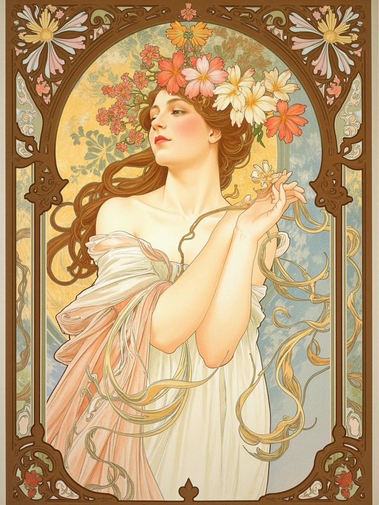 mucha, The painting captures an ethereal vision of elegance and beauty, centered perfectly to create a stunning piece of wall art. At the heart of the composition is a graceful woman, her flowing hair cascading like a river of silk, interwoven with vibrant blossoms of various hues. Each strand of her hair seems to dance in harmony with the surrounding flora, creating a rhythmic symphony of movement.

The style is inspired by the flowing, organic lines and intricate decorative patterns synonymous with the masterful artistry of Mucha. Her serene expression invites the viewer into a dreamlike world, where her surroundings echo with the harmonious blend of natural motifs—delicate flowers, winding vines, and the subtle glint of celestial elements twinkling in the background.

The background is a tapestry of stylized natural forms and intricate designs, evoking a romantic aesthetic that seamlessly merges fine art with design. The color palette is a refined blend of pastels and muted tones, punctuated by bursts of exuberant floral motifs. The sinuous vines and blooming flowers weave through subtle geometric patterns, enriching the scene with a refined, ornamental quality.

Encasing this visual symphony is an elaborate ornamental frame, reminiscent of a grand Gothic window. Its sweeping curves and meticulous embellishments draw inspiration from nature's own artistry, adorned with organic patterns, flowers, and celestial symbols. This intricate border serves as both a visual unifier and a gateway into a realm where nature and human emotion intertwine in profound poetic harmony. The entire composition is a testament to the elegance and beauty of the natural world, captured in a style that is both timeless and enchanting—perfectly suited for a centerpiece in any refined space.
